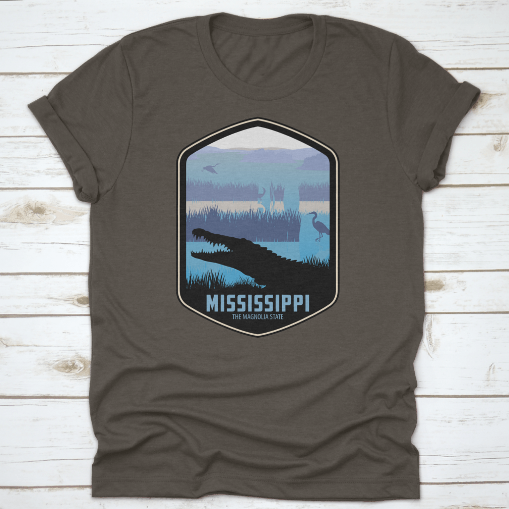 Mississippi The Magnolia State T-shirt featuring simple typography and wetlands design, made from 100% cotton for comfort.