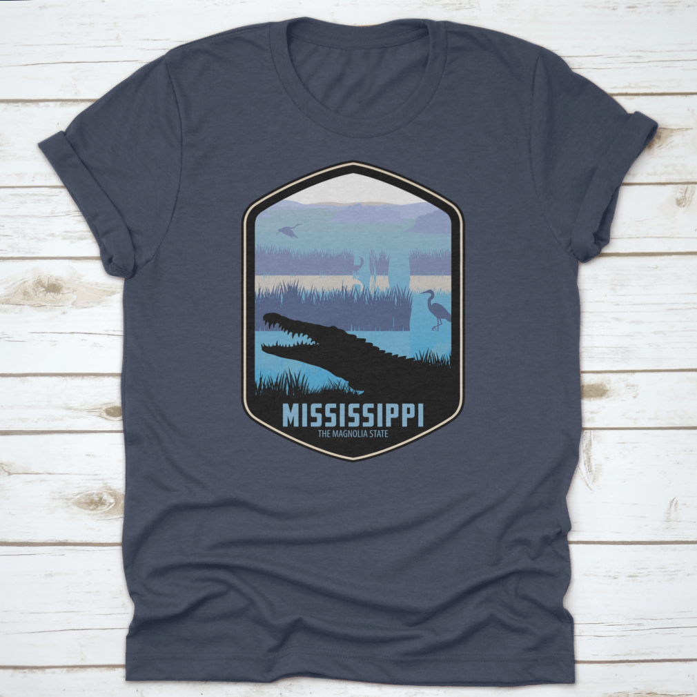 Mississippi The Magnolia State T-shirt featuring simple typography and wetlands design, made from 100% cotton for comfort.