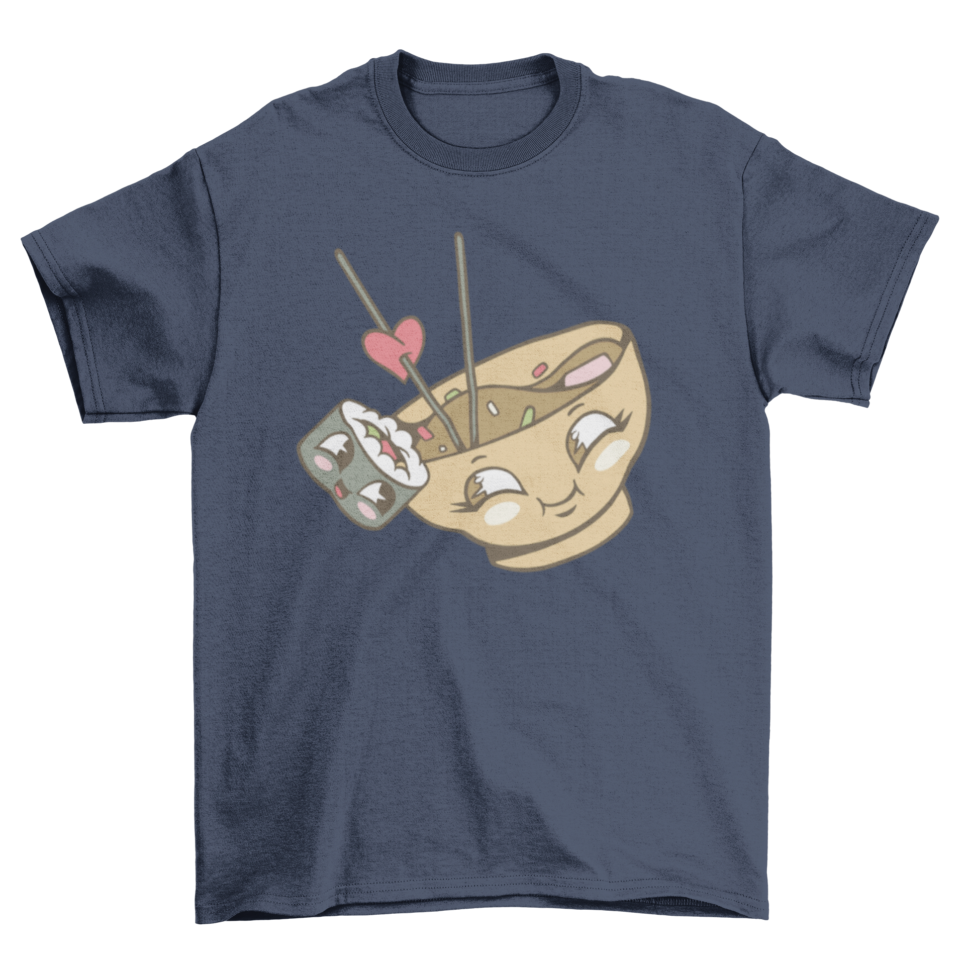 A kawaii t-shirt featuring a bowl of miso and a sushi roll cuddling, showcasing a playful and adorable design.