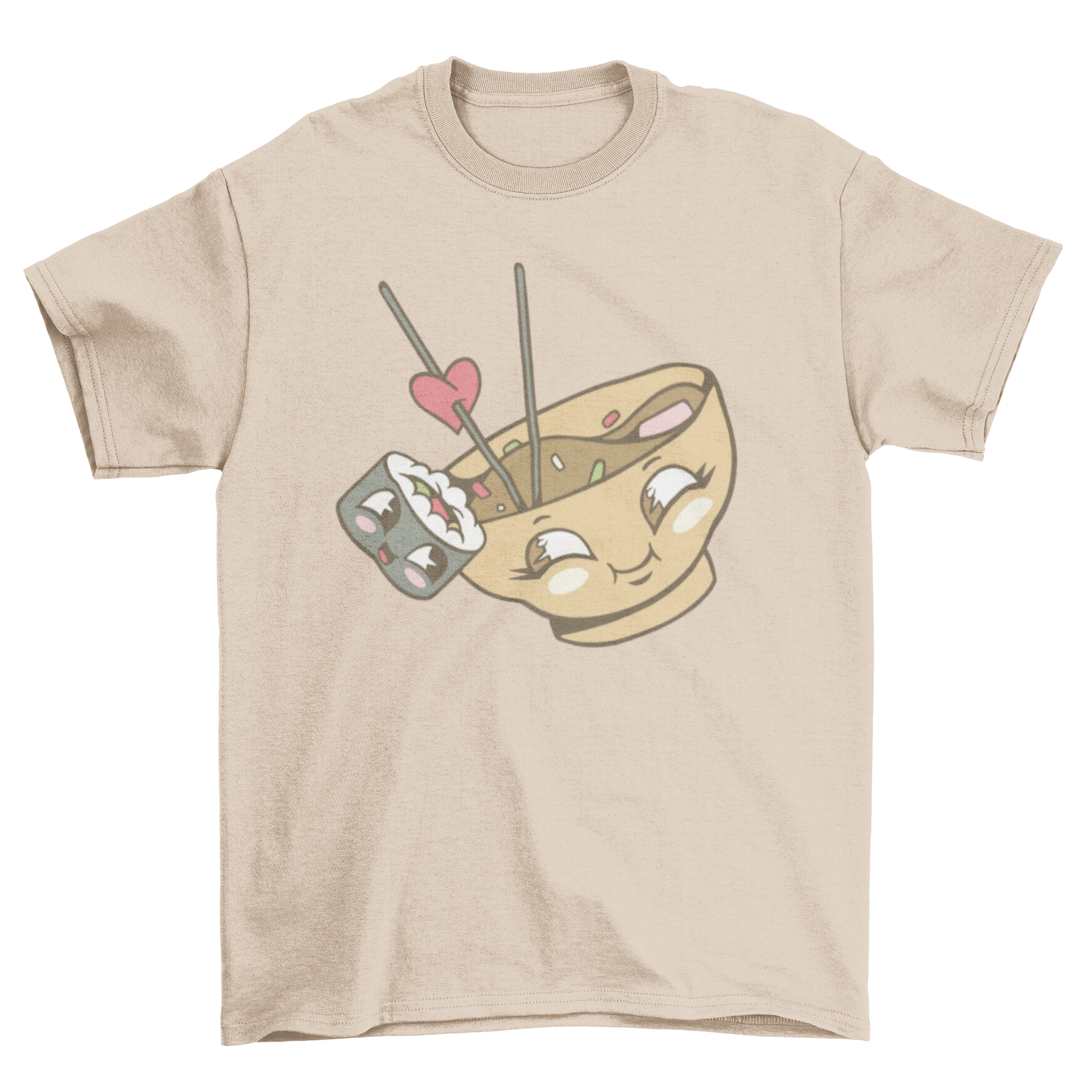 A kawaii t-shirt featuring a bowl of miso and a sushi roll cuddling, showcasing a playful and adorable design.