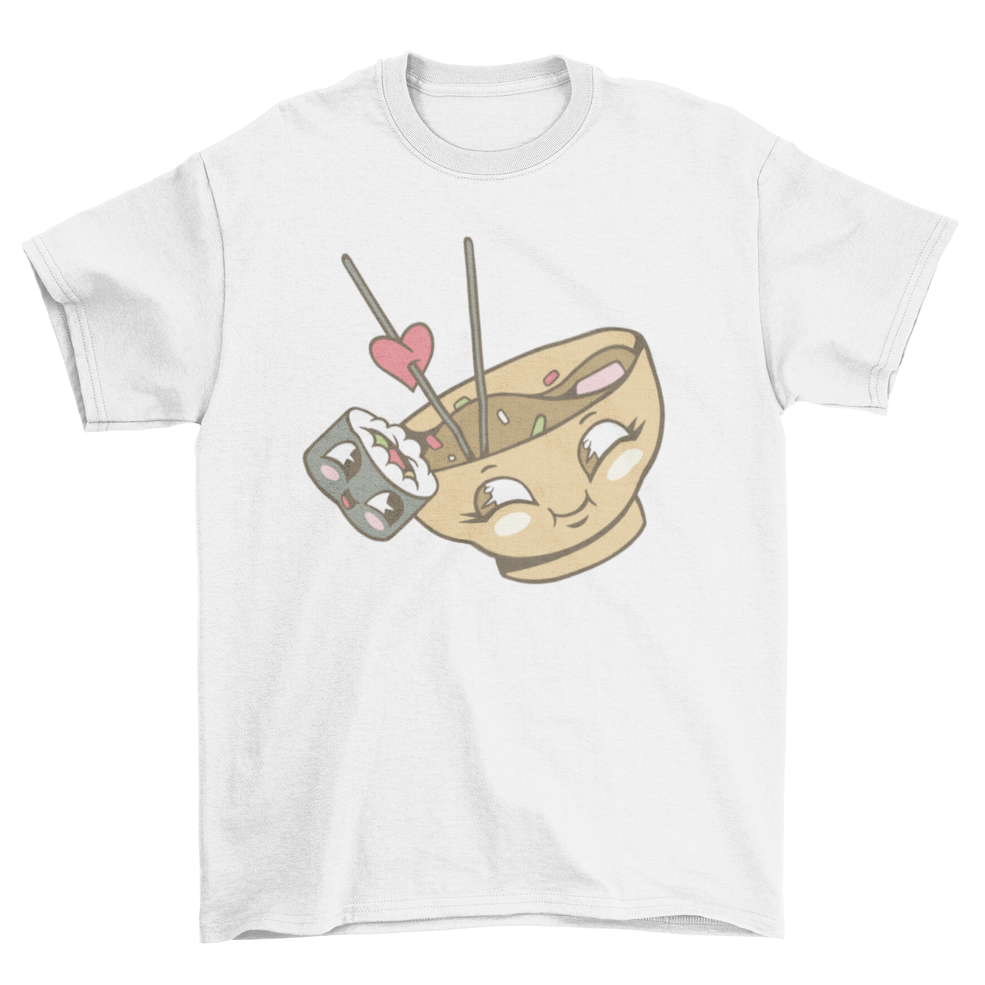 A kawaii t-shirt featuring a bowl of miso and a sushi roll cuddling, showcasing a playful and adorable design.