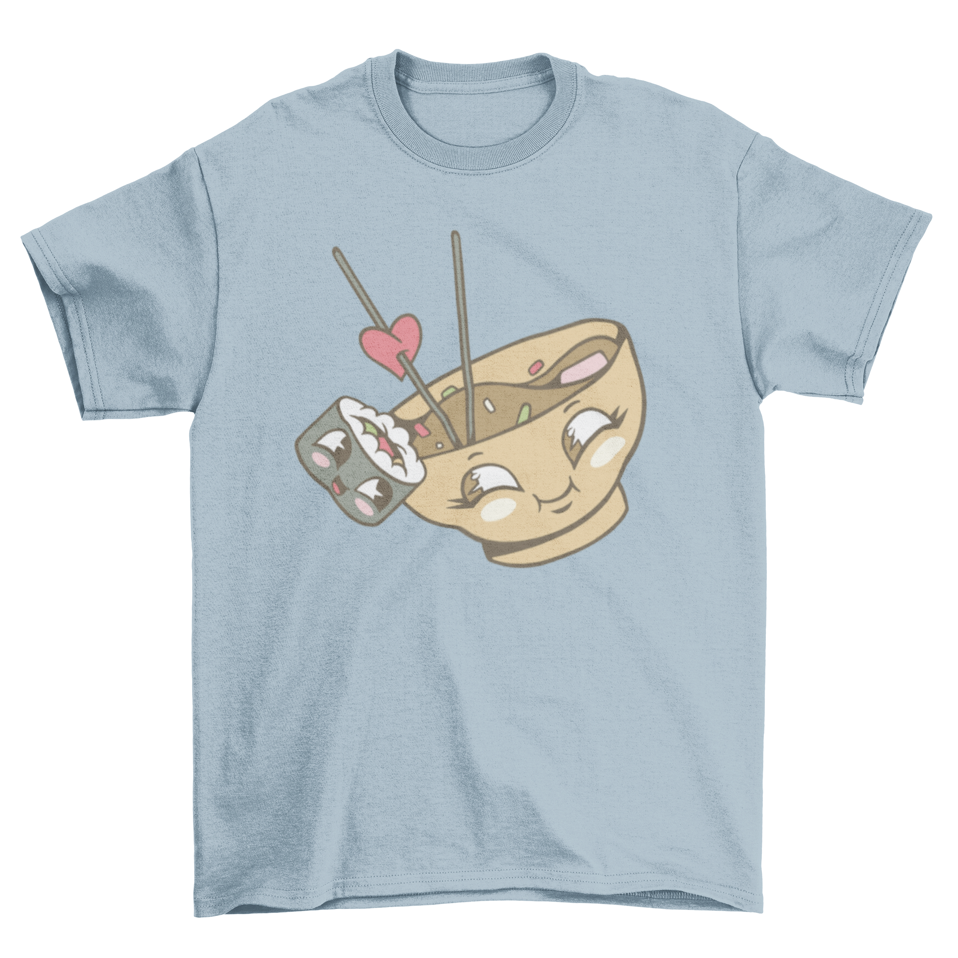 A kawaii t-shirt featuring a bowl of miso and a sushi roll cuddling, showcasing a playful and adorable design.