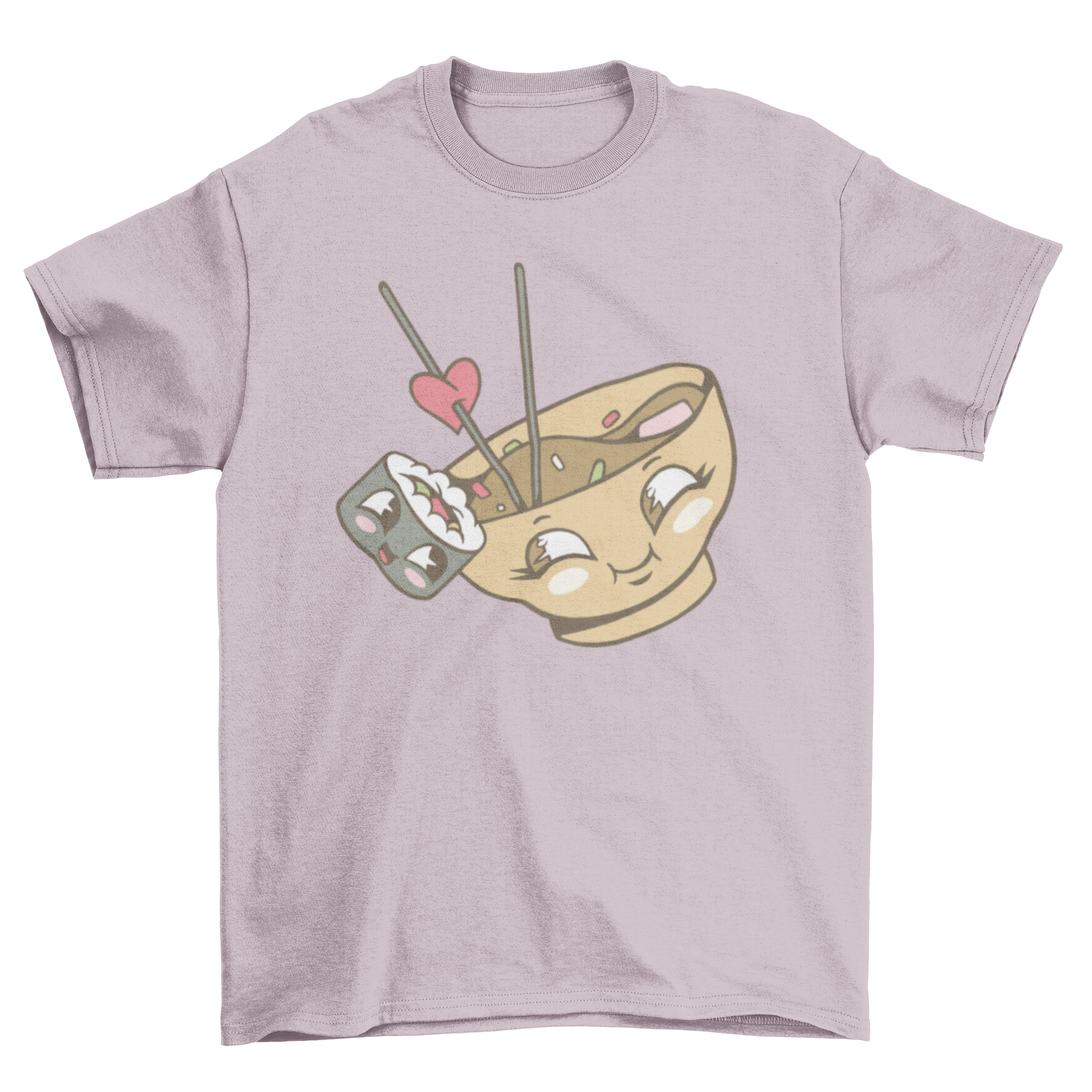 A kawaii t-shirt featuring a bowl of miso and a sushi roll cuddling, showcasing a playful and adorable design.