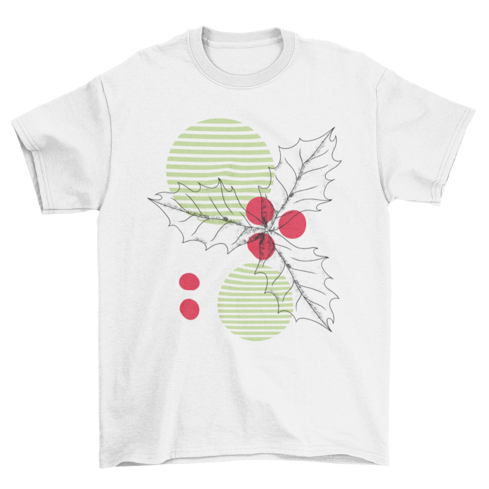 A festive Mistletoe t-shirt featuring an illustration of mistletoe over striped circles, perfect for Christmas celebrations.