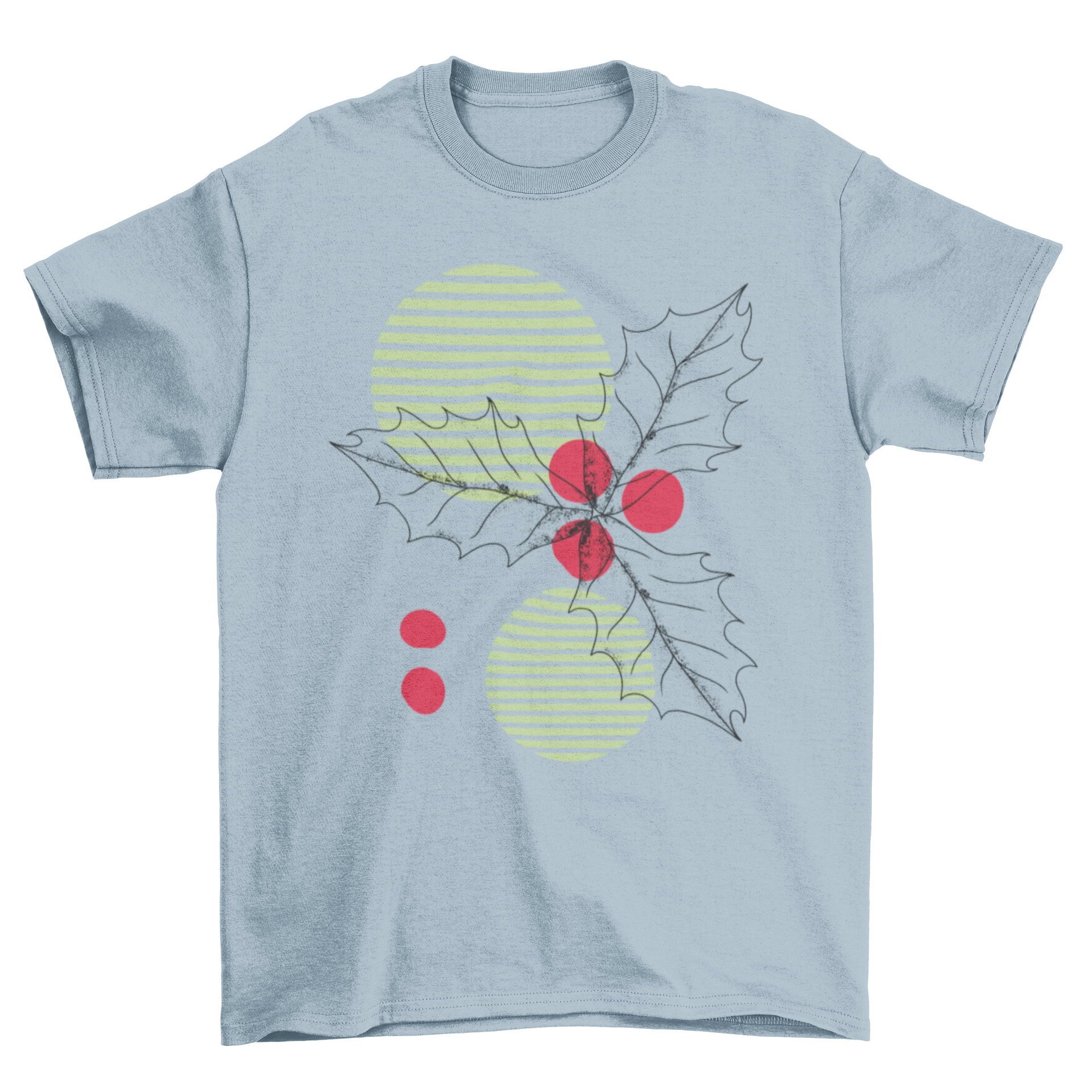 A festive Mistletoe t-shirt featuring an illustration of mistletoe over striped circles, perfect for Christmas celebrations.