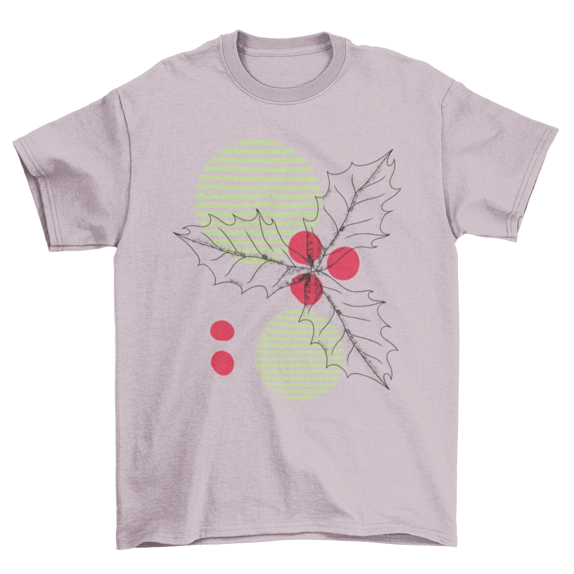 A festive Mistletoe t-shirt featuring an illustration of mistletoe over striped circles, perfect for Christmas celebrations.