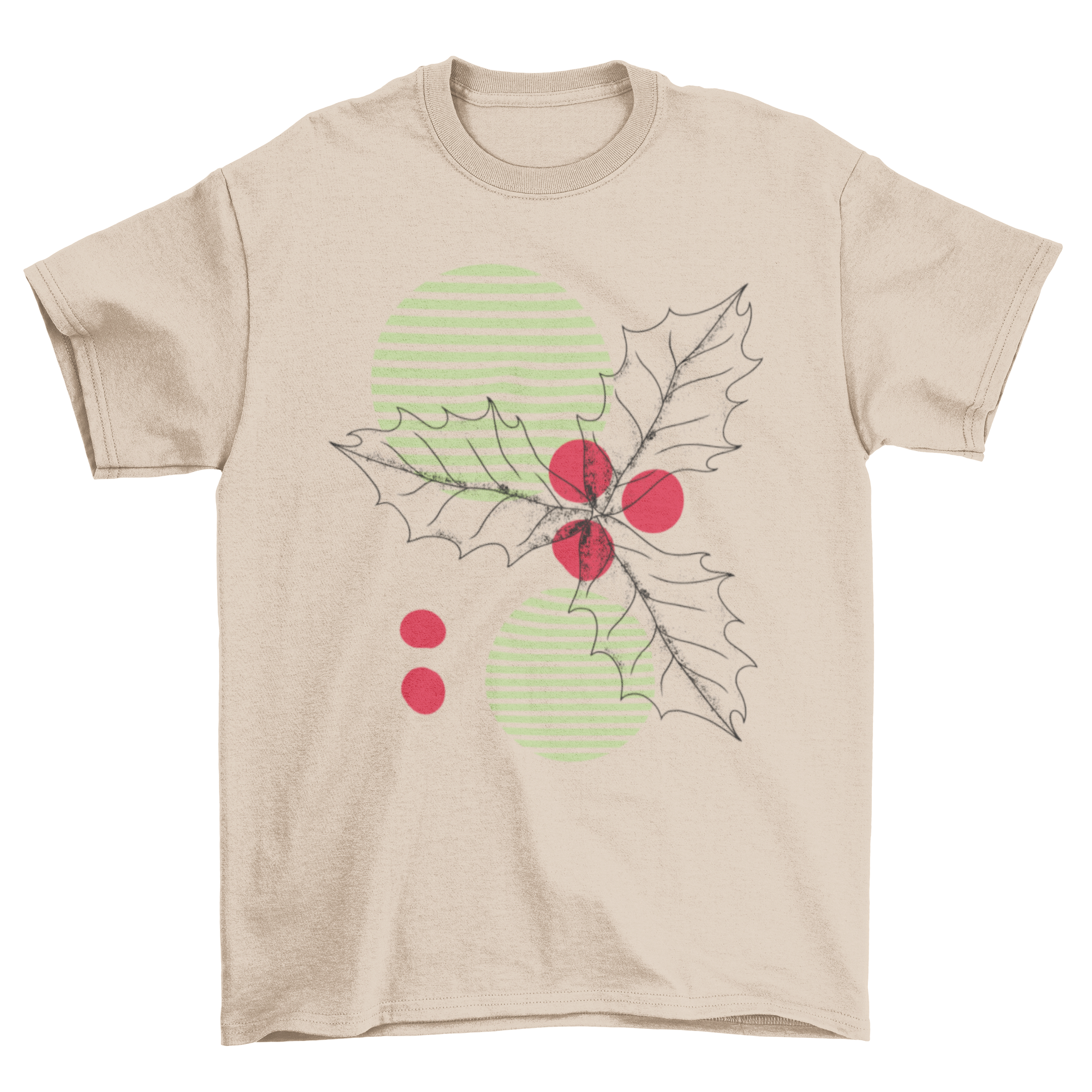 A festive Mistletoe t-shirt featuring an illustration of mistletoe over striped circles, perfect for Christmas celebrations.