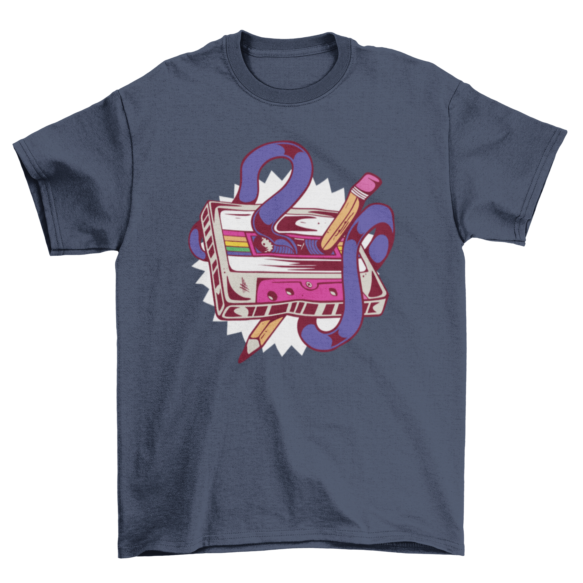 A stylish retro t-shirt featuring a music cassette design with tangled string and a pencil, perfect for music enthusiasts.