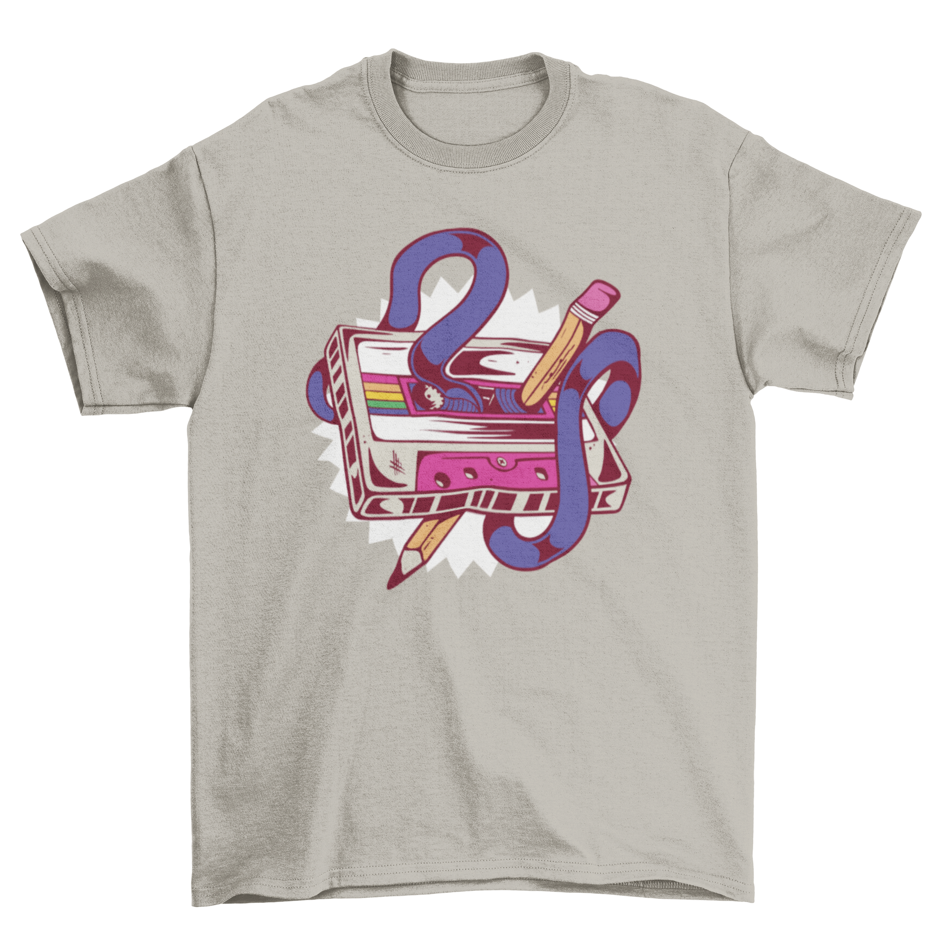 A stylish retro t-shirt featuring a music cassette design with tangled string and a pencil, perfect for music enthusiasts.