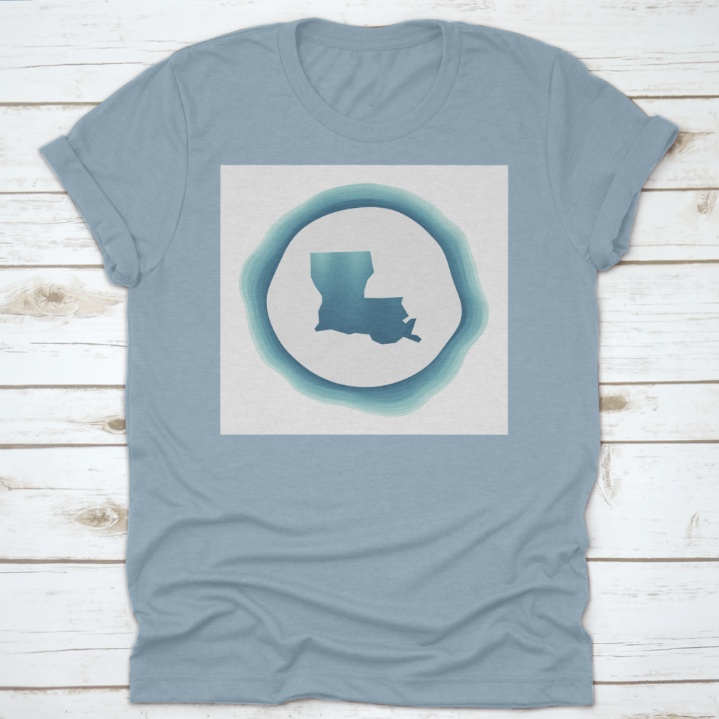 A stylish cotton t-shirt featuring a modern aesthetic design of the Map of Louisiana in logo type, showcasing vibrant colors and a comfortable fit.