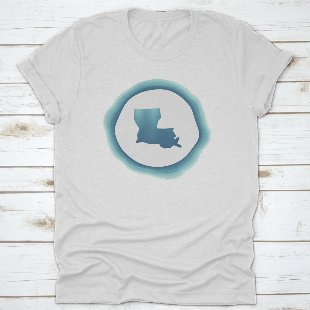 A stylish cotton t-shirt featuring a modern aesthetic design of the Map of Louisiana in logo type, showcasing vibrant colors and a comfortable fit.