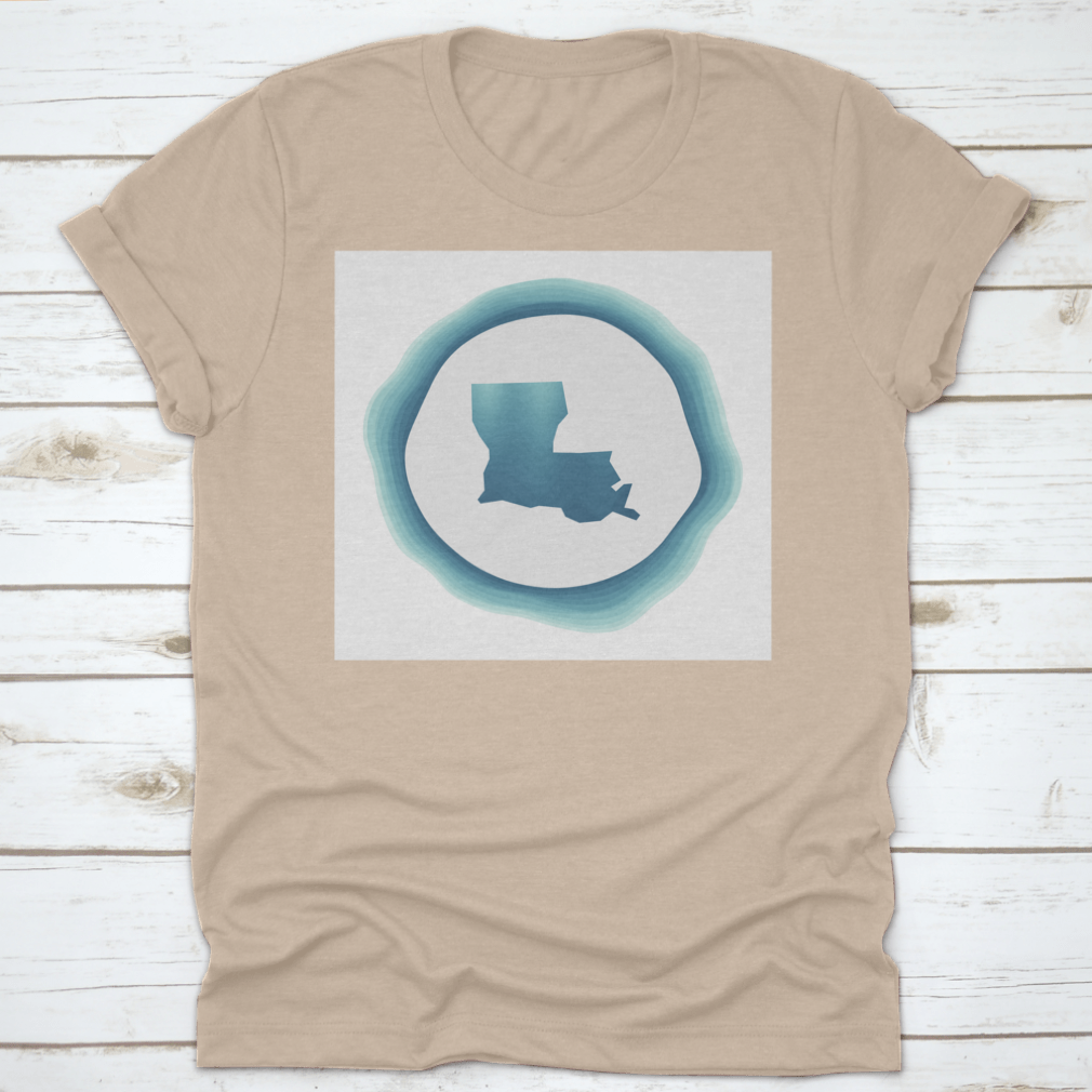 A stylish cotton t-shirt featuring a modern aesthetic design of the Map of Louisiana in logo type, showcasing vibrant colors and a comfortable fit.