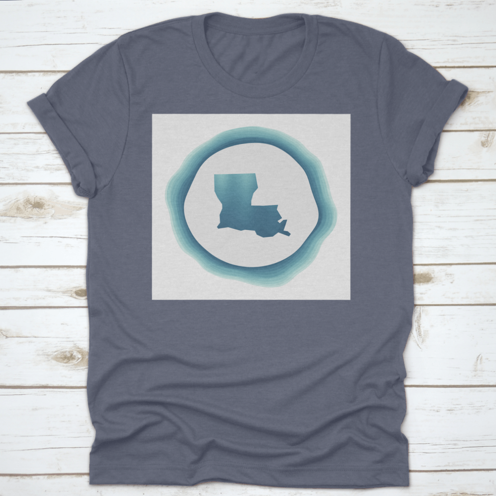 A stylish cotton t-shirt featuring a modern aesthetic design of the Map of Louisiana in logo type, showcasing vibrant colors and a comfortable fit.