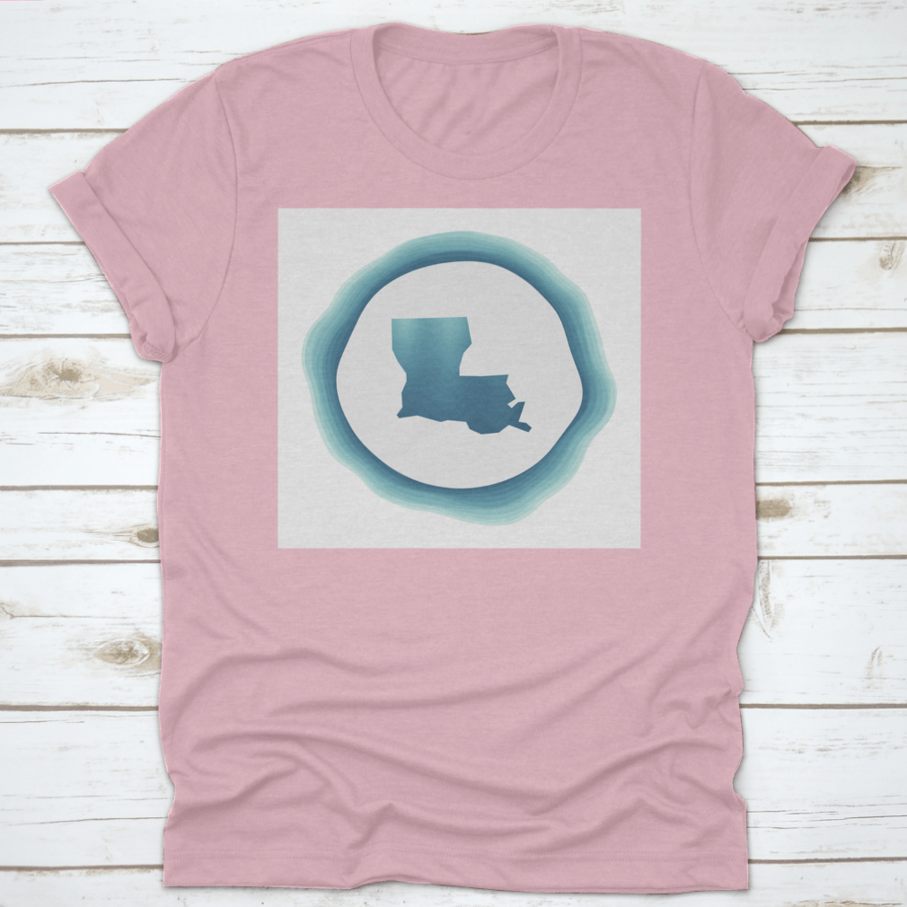 A stylish cotton t-shirt featuring a modern aesthetic design of the Map of Louisiana in logo type, showcasing vibrant colors and a comfortable fit.