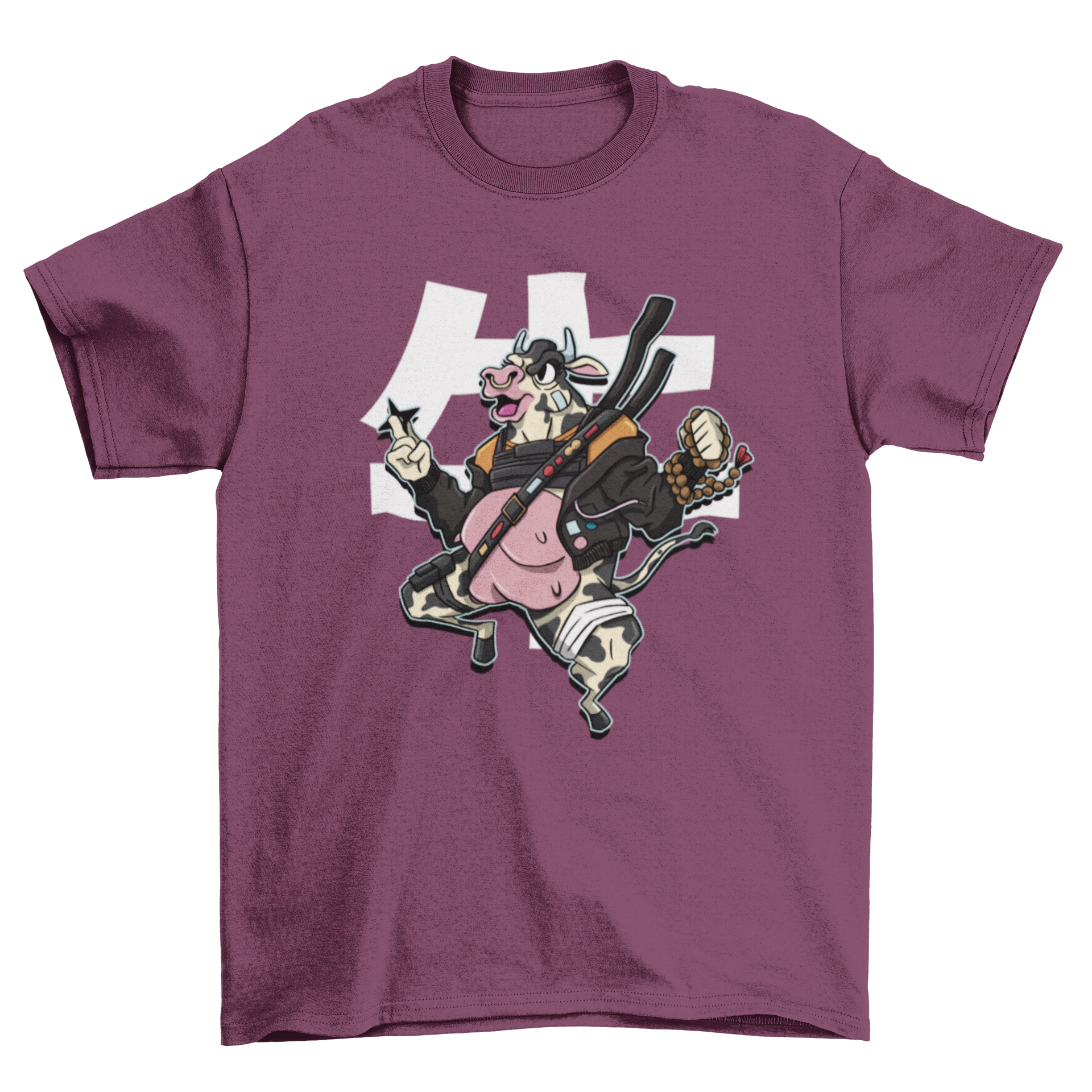 A modern samurai cow t-shirt design featuring a cow in samurai attire with katana swords, showcasing a unique and playful style.