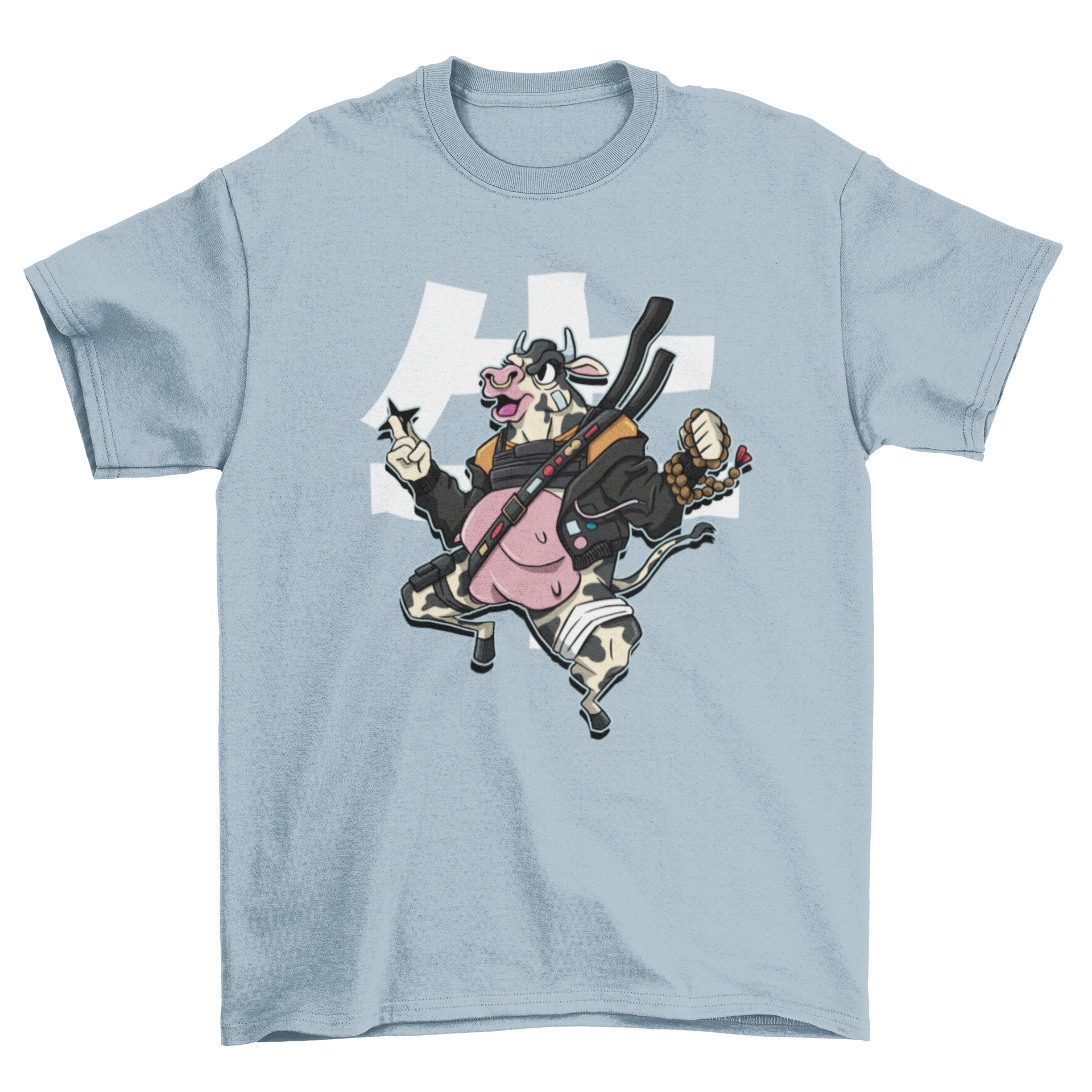 A modern samurai cow t-shirt design featuring a cow in samurai attire with katana swords, showcasing a unique and playful style.