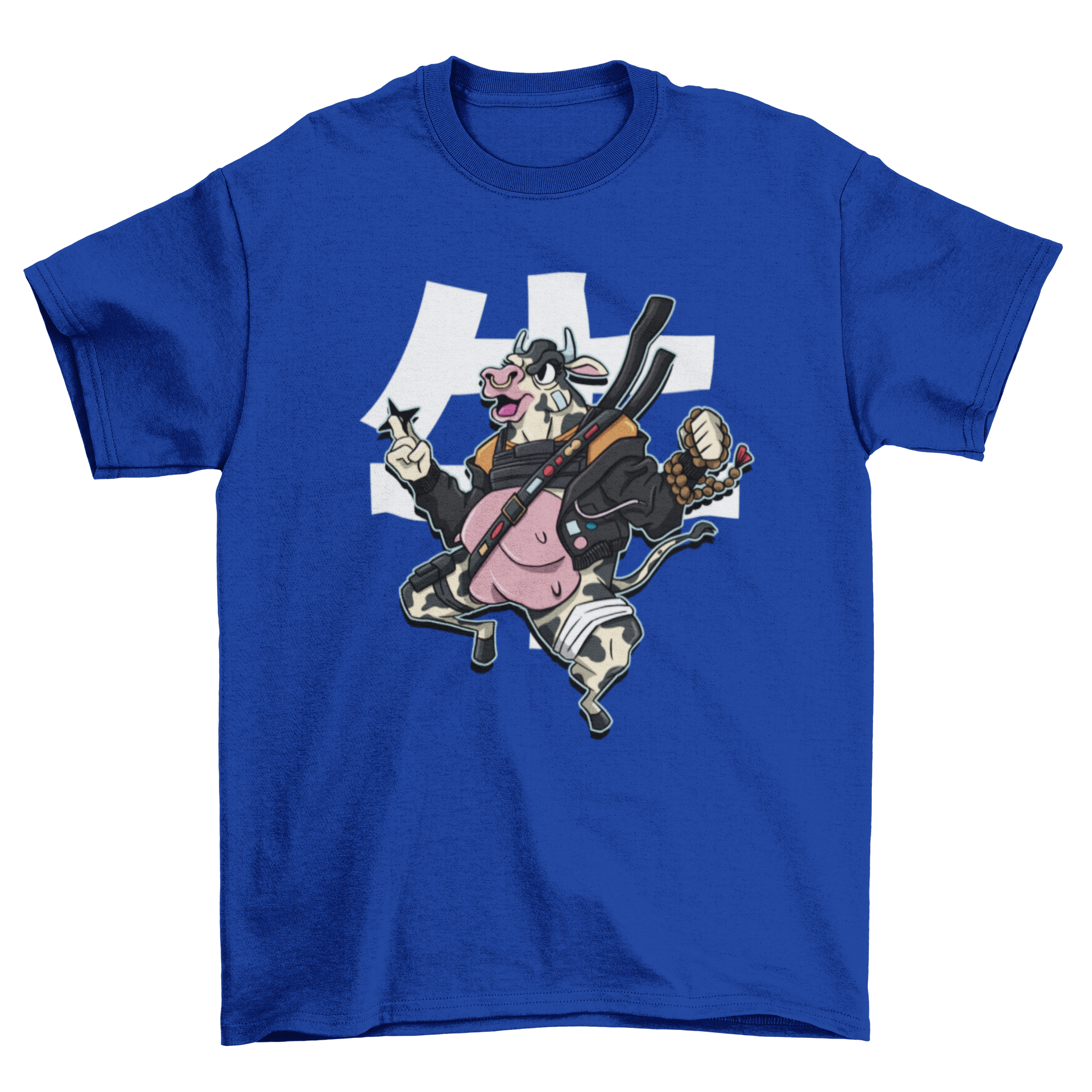 A modern samurai cow t-shirt design featuring a cow in samurai attire with katana swords, showcasing a unique and playful style.