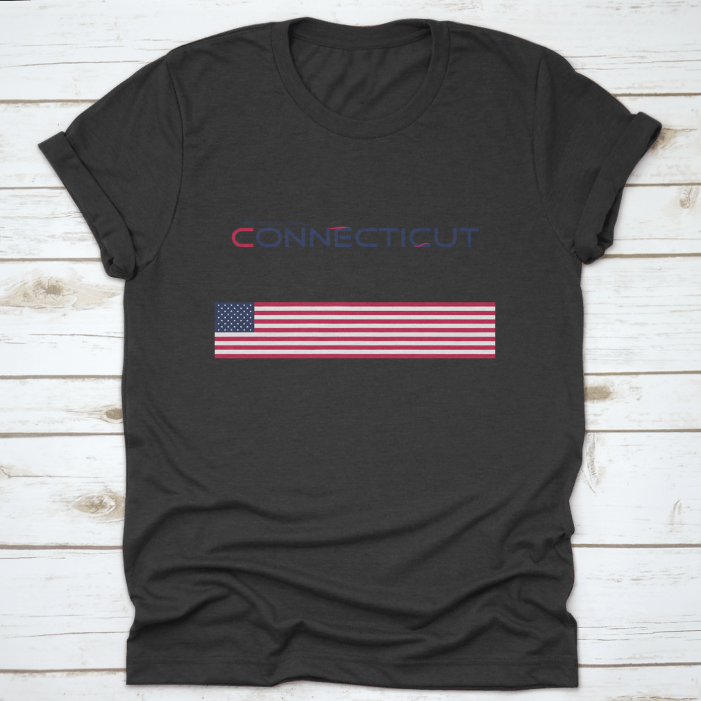 Modern typography t-shirt featuring the state of Connecticut and its national flag, showcasing a stylish design.