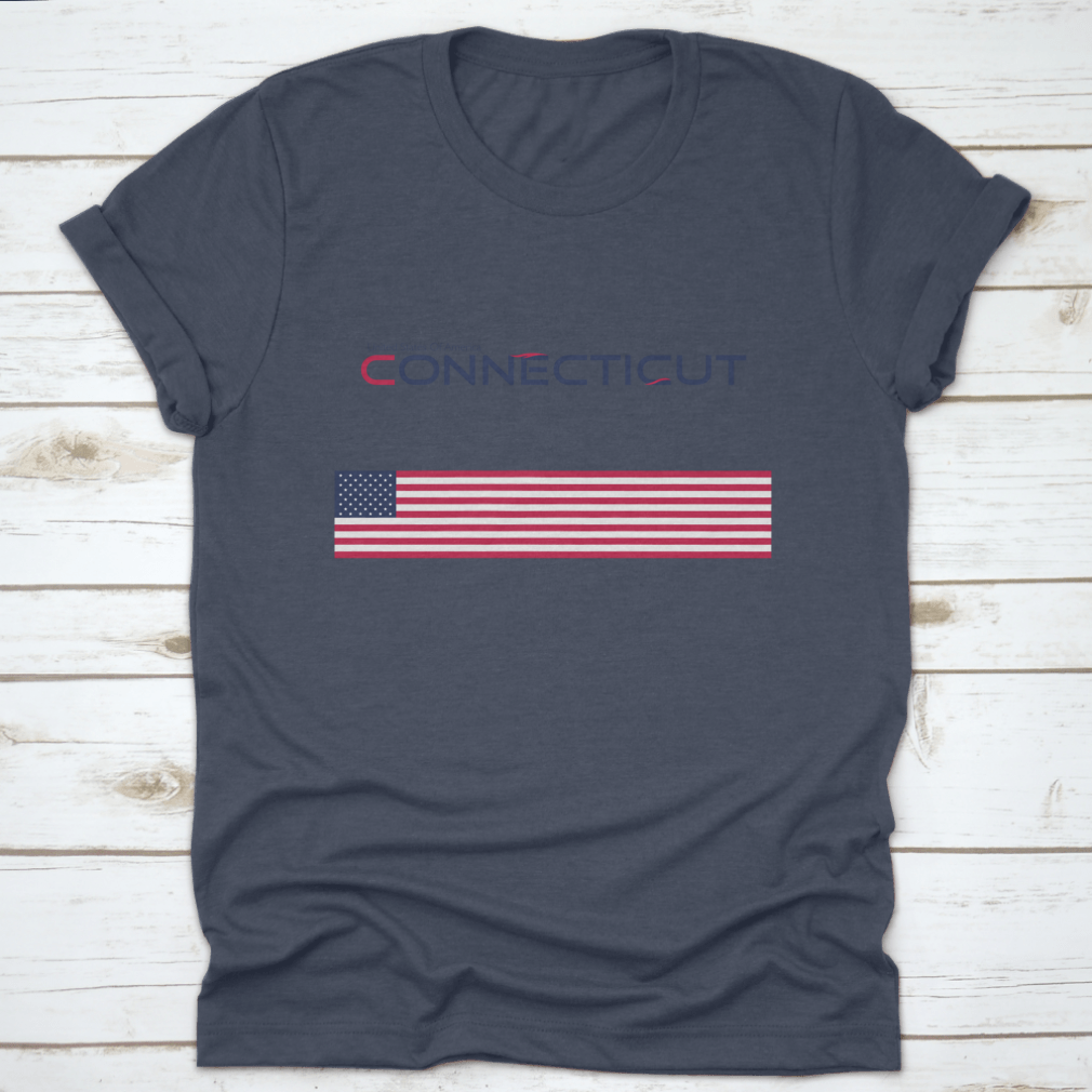 Modern typography t-shirt featuring the state of Connecticut and its national flag, showcasing a stylish design.