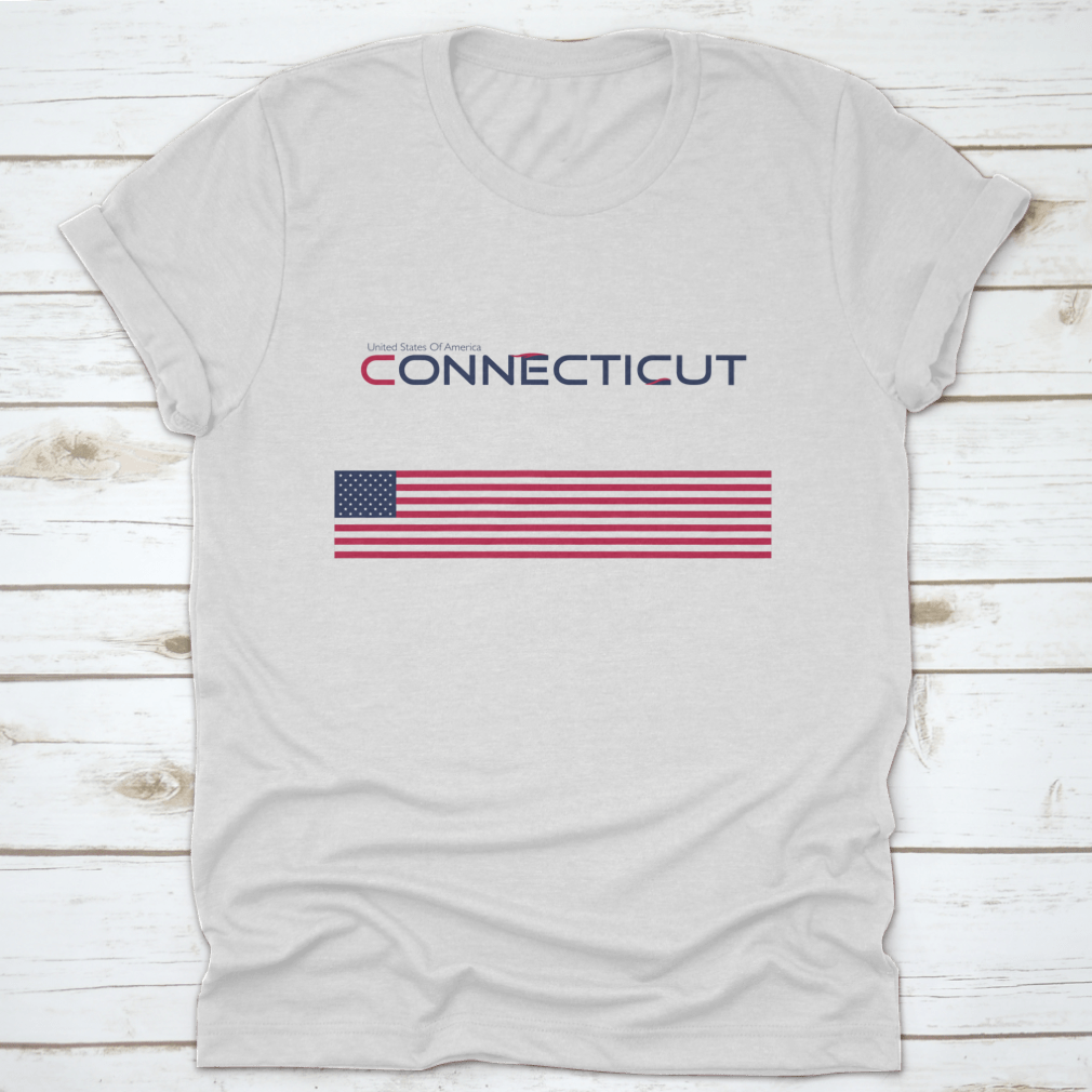 Modern typography t-shirt featuring the state of Connecticut and its national flag, showcasing a stylish design.