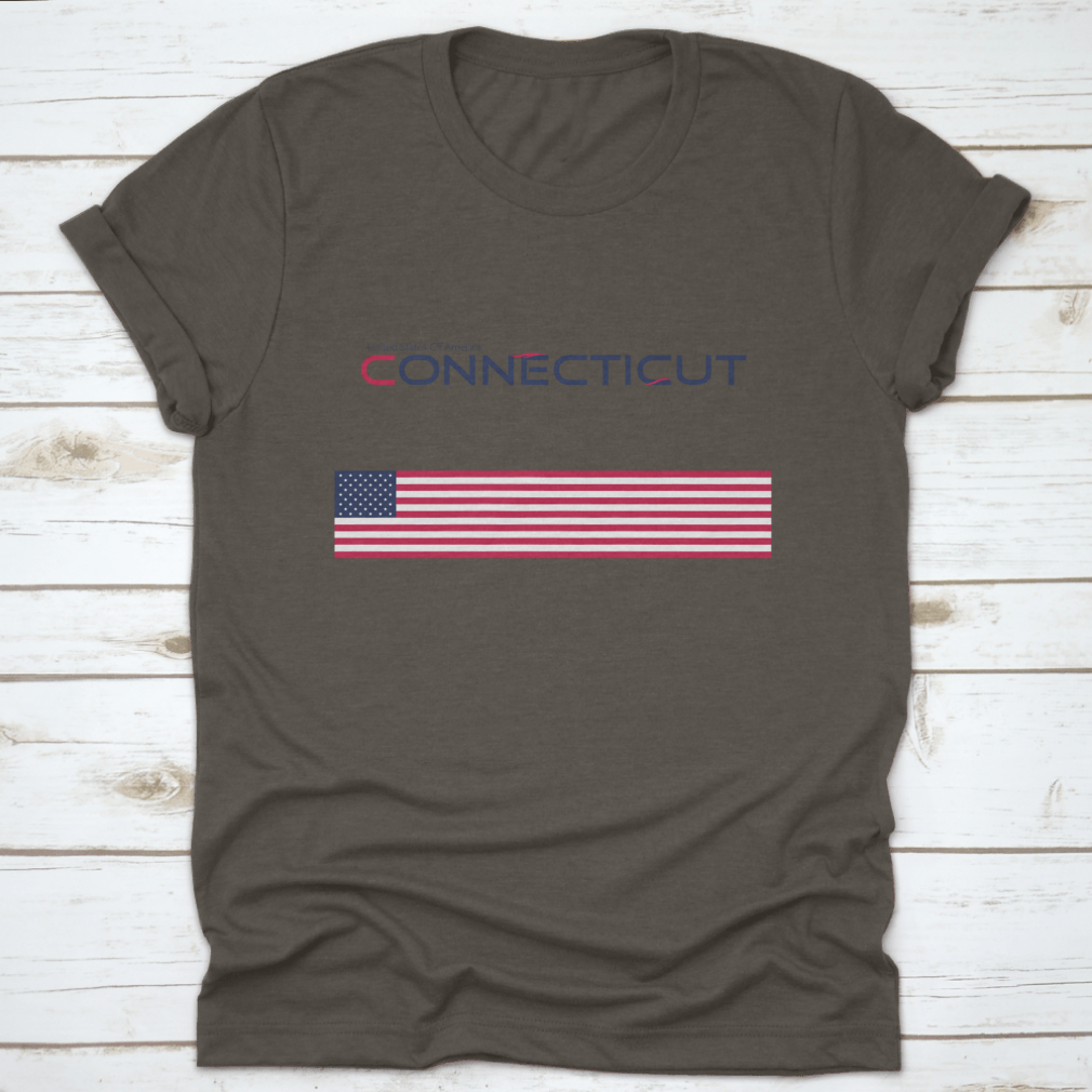 Modern typography t-shirt featuring the state of Connecticut and its national flag, showcasing a stylish design.