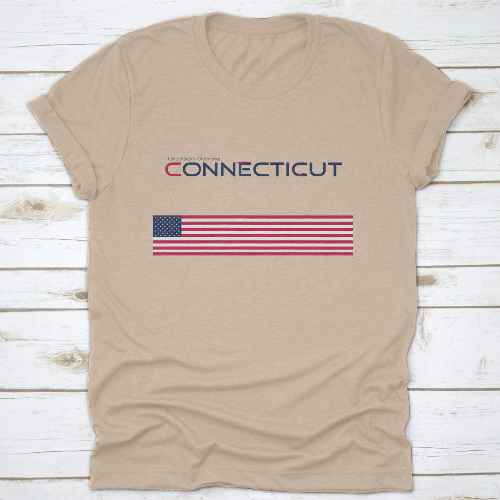 Modern typography t-shirt featuring the state of Connecticut and its national flag, showcasing a stylish design.