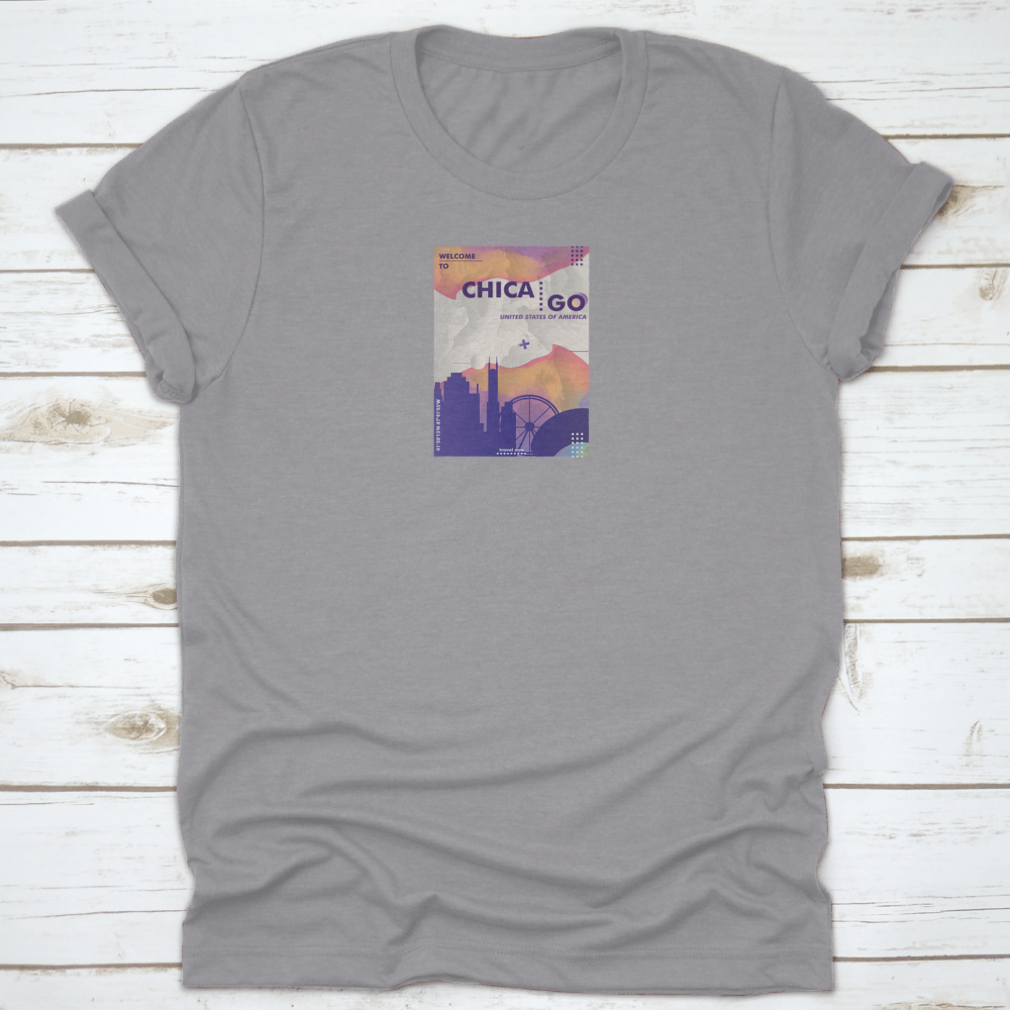 Modern USA Chicago Skyline Abstract Gradient T-shirt featuring a vibrant skyline design in gradient colors, made from 100% cotton.