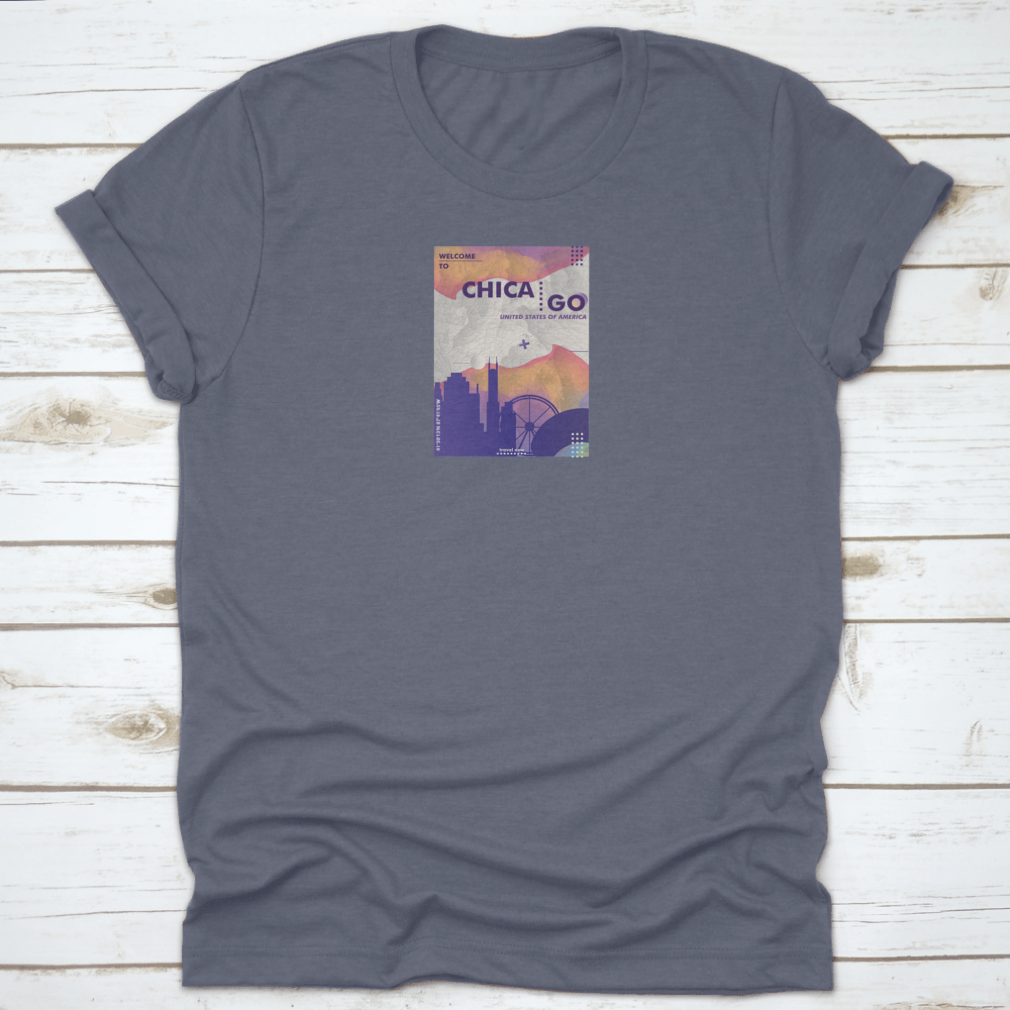 Modern USA Chicago Skyline Abstract Gradient T-shirt featuring a vibrant skyline design in gradient colors, made from 100% cotton.