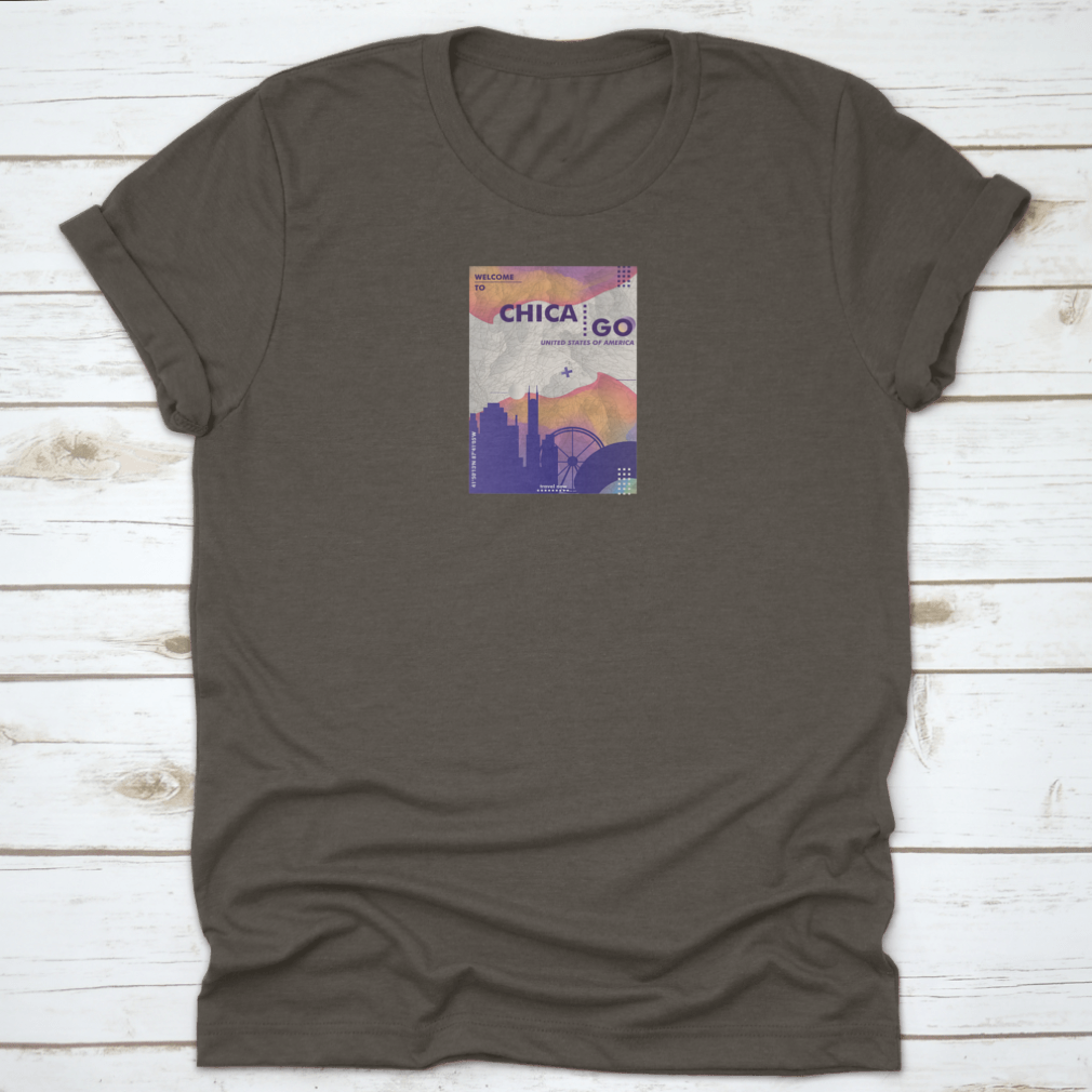 Modern USA Chicago Skyline Abstract Gradient T-shirt featuring a vibrant skyline design in gradient colors, made from 100% cotton.