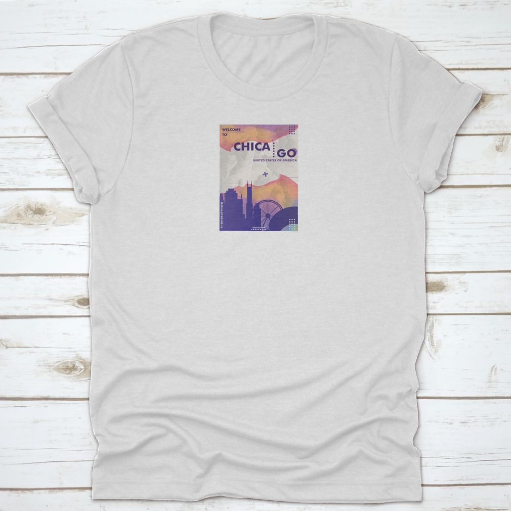 Modern USA Chicago Skyline Abstract Gradient T-shirt featuring a vibrant skyline design in gradient colors, made from 100% cotton.