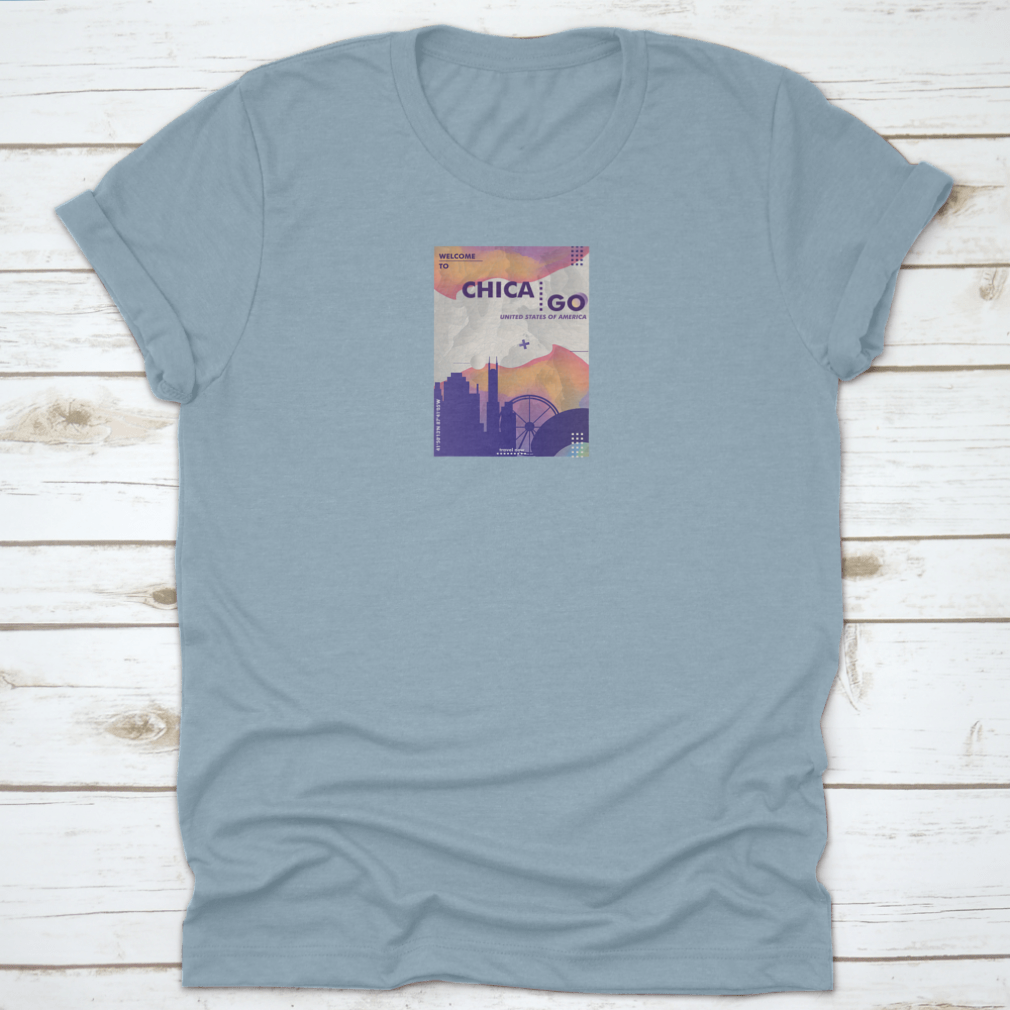 Modern USA Chicago Skyline Abstract Gradient T-shirt featuring a vibrant skyline design in gradient colors, made from 100% cotton.