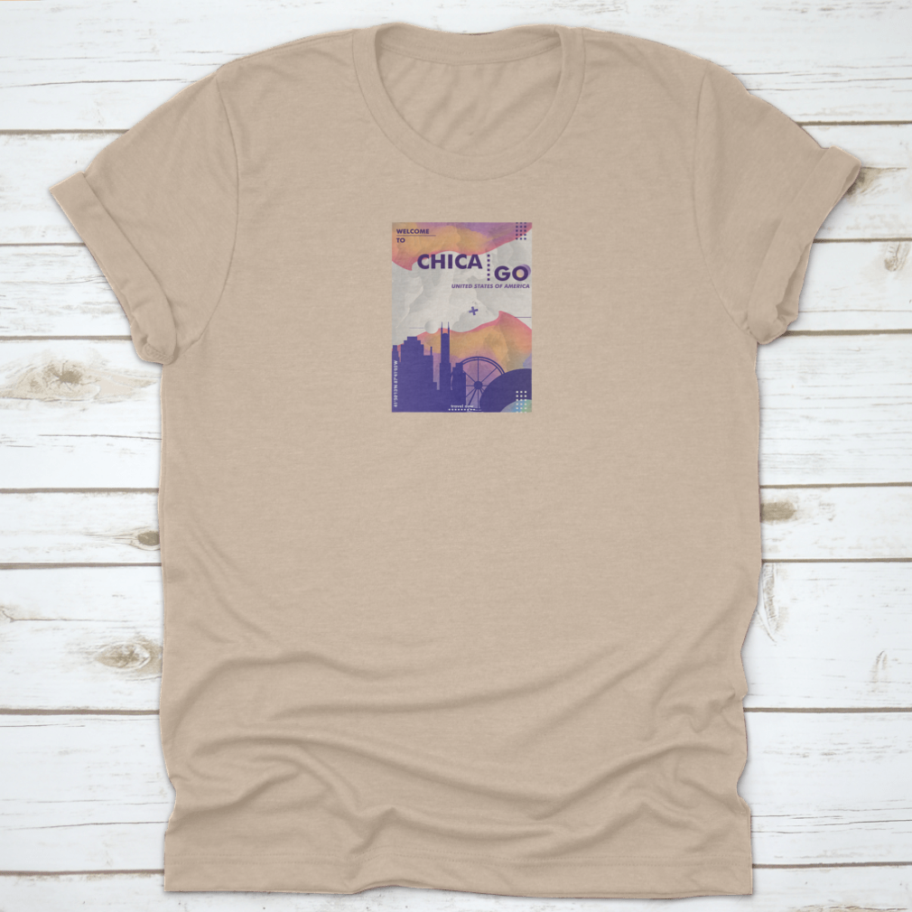 Modern USA Chicago Skyline Abstract Gradient T-shirt featuring a vibrant skyline design in gradient colors, made from 100% cotton.