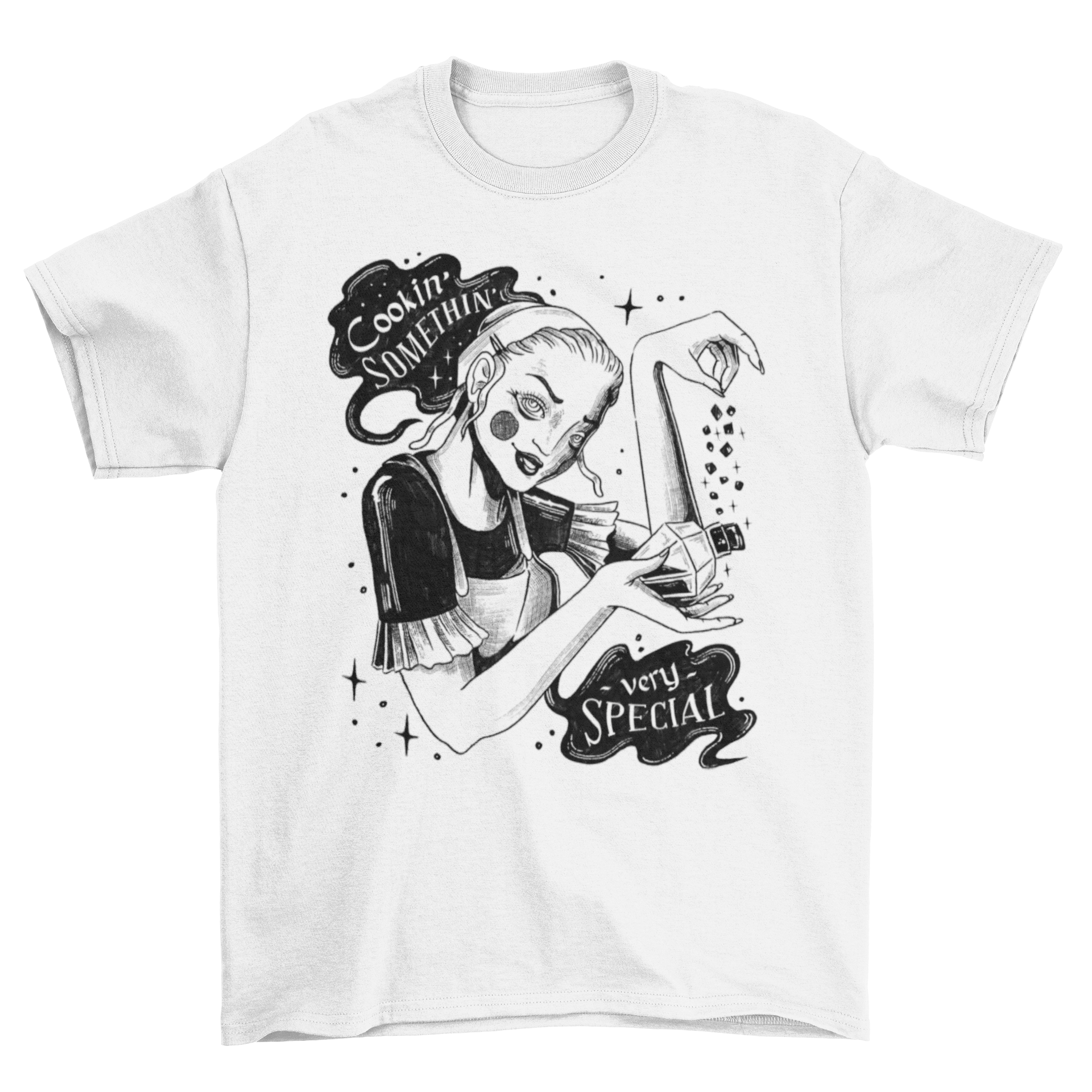 A stylish t-shirt featuring a young witch holding a potion bottle with the quote 'Cookin' somethin very special'.