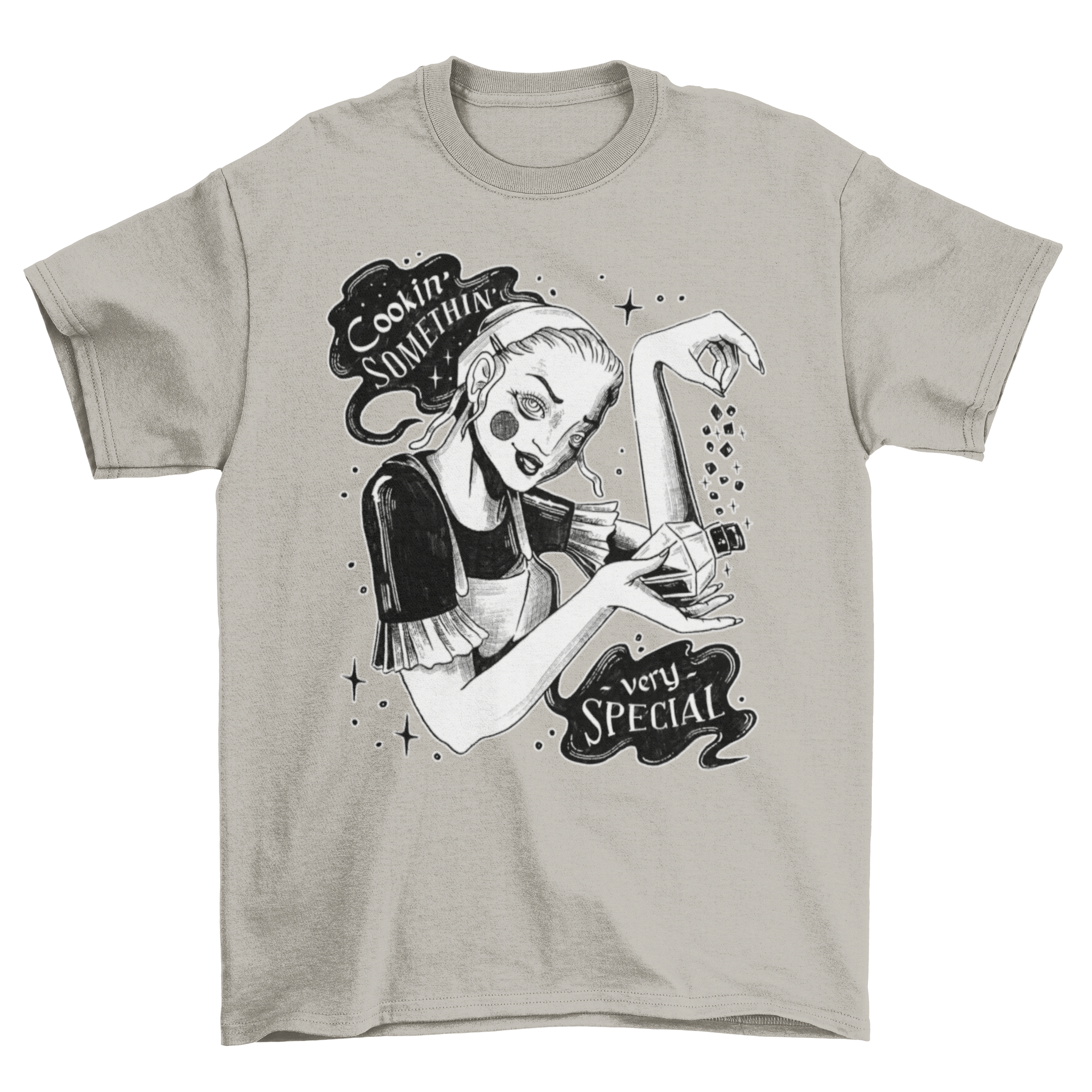 A stylish t-shirt featuring a young witch holding a potion bottle with the quote 'Cookin' somethin very special'.