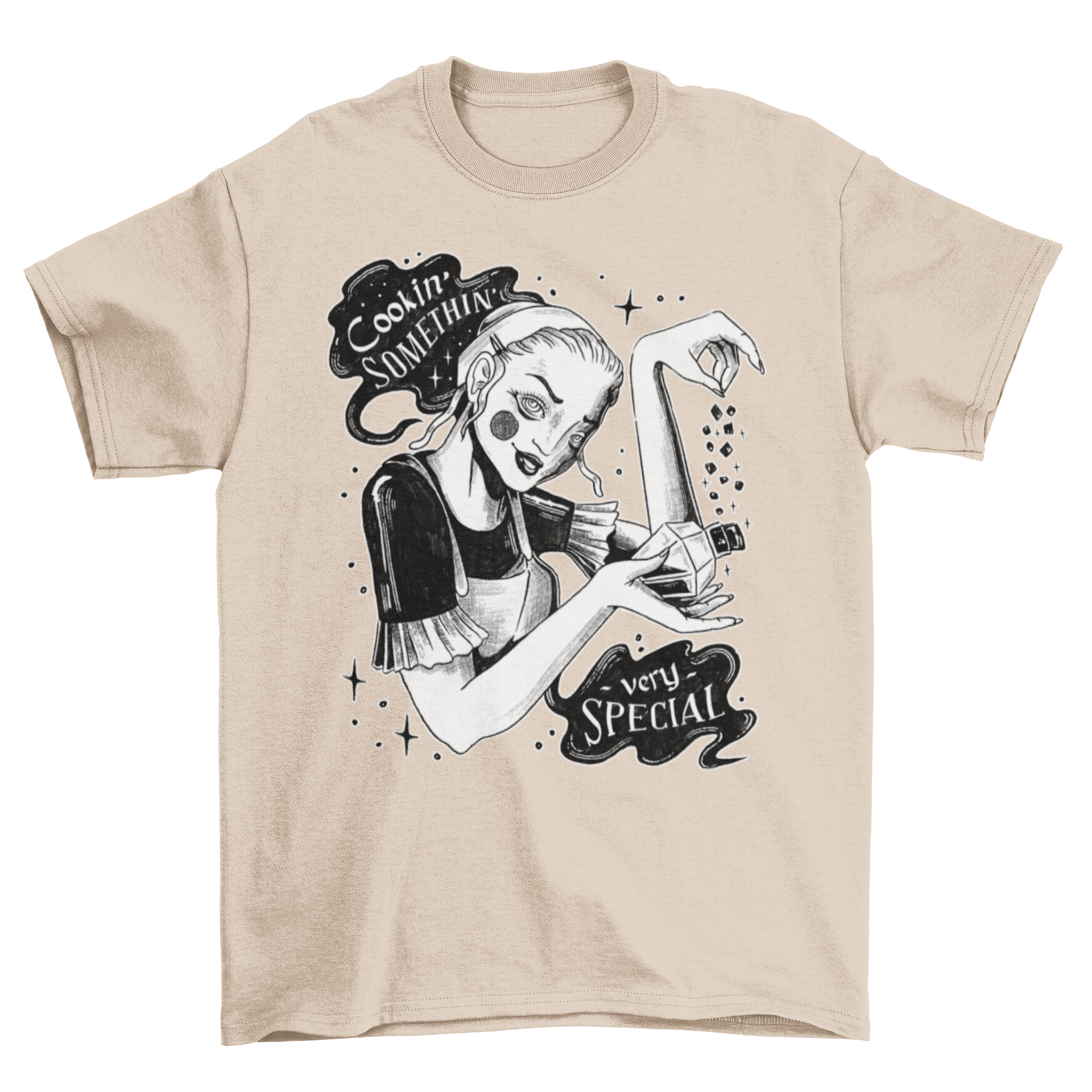 A stylish t-shirt featuring a young witch holding a potion bottle with the quote 'Cookin' somethin very special'.