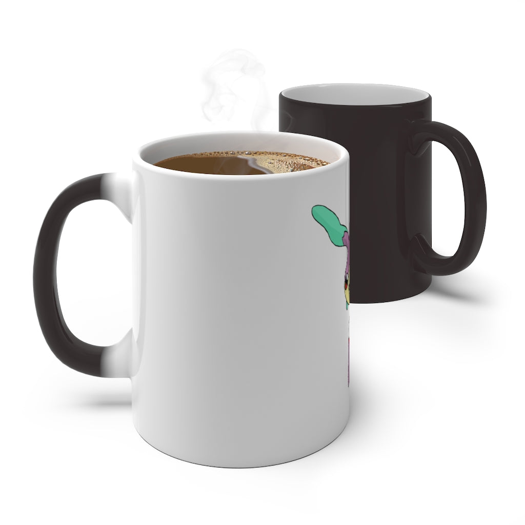 Molepha Color Changing Mug showcasing vibrant colors when filled with hot liquid, featuring a C-handle and rounded corners.