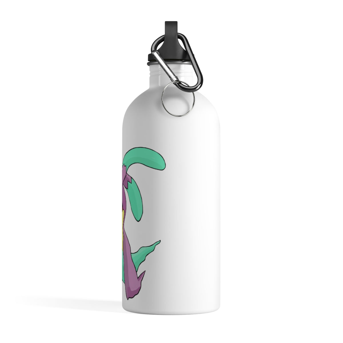 Molepha Stainless Steel Water Bottle with a plastic screw top and carabiner, showcasing its sleek design and vibrant print.