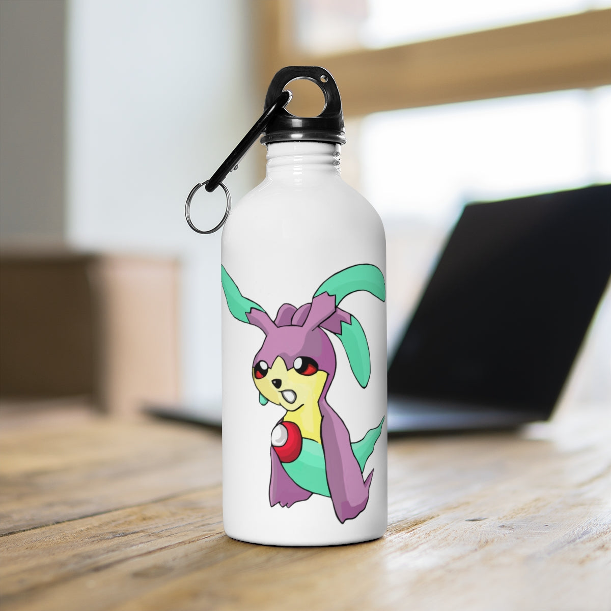 Molepha Stainless Steel Water Bottle with a plastic screw top and carabiner, showcasing its sleek design and vibrant print.