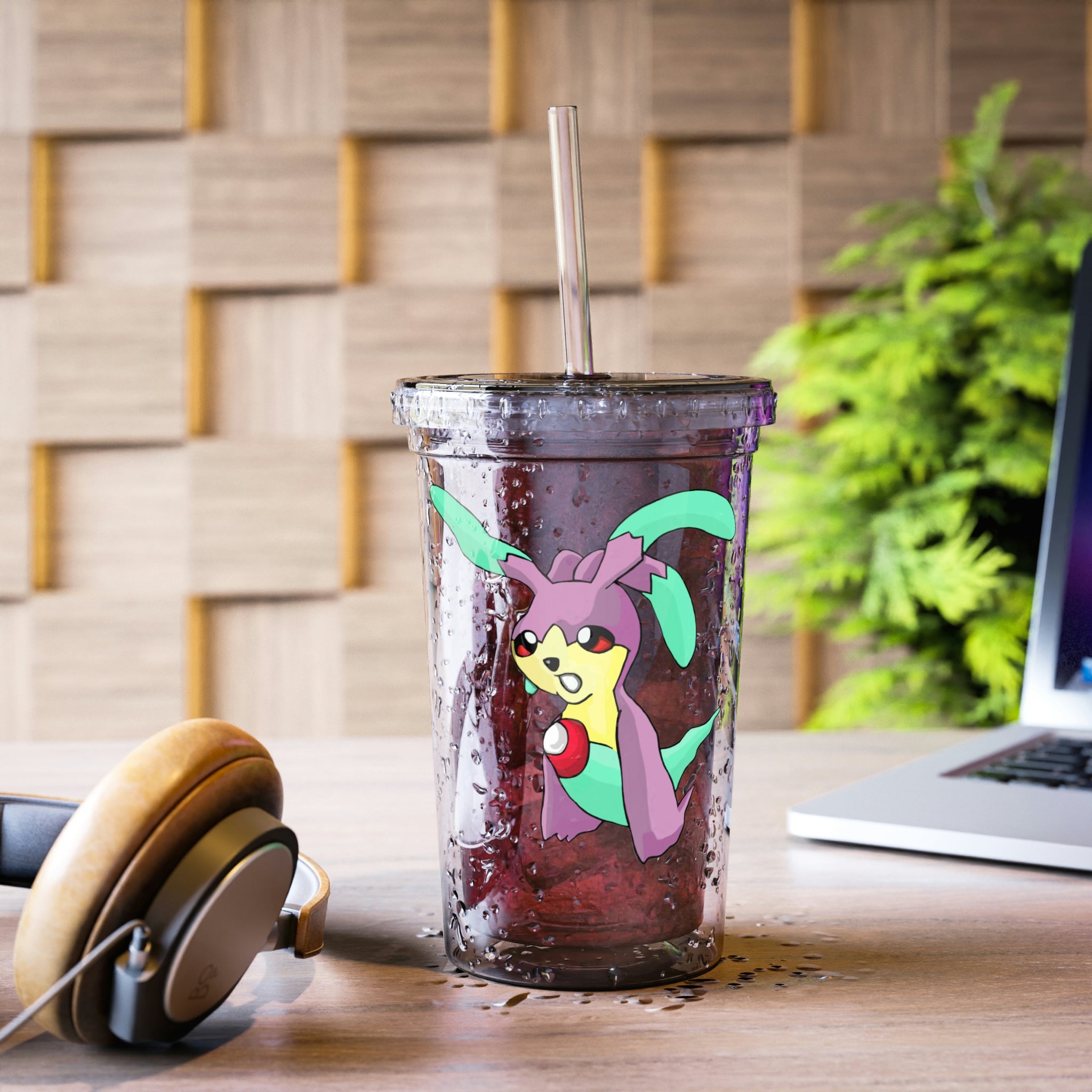 Molepha Suave Acrylic Cup in stainless steel with a black screw-on cap and plastic straw, showcasing a customizable design.