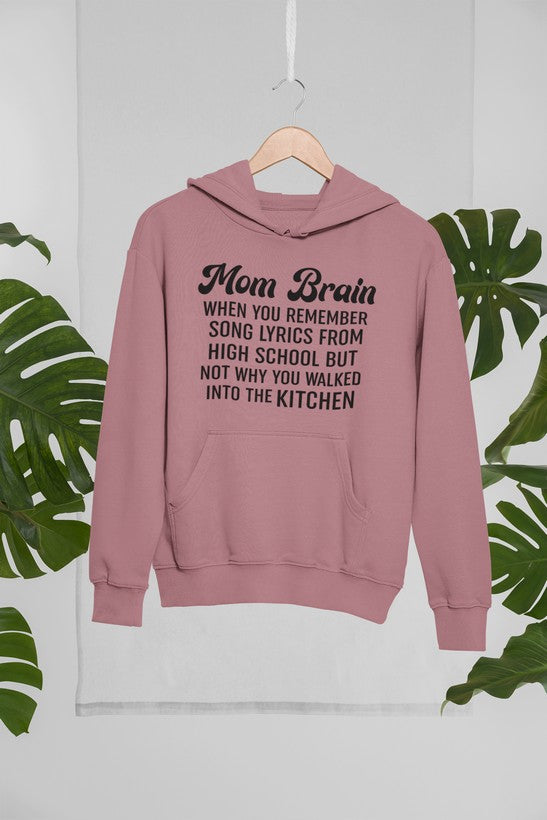 Mom Brain Hoodie featuring unique artistic designs, adjustable hood, and cozy fleece lining.