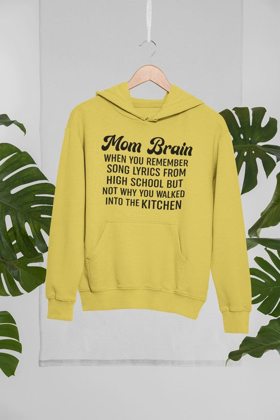 Mom Brain Hoodie featuring unique artistic designs, adjustable hood, and cozy fleece lining.