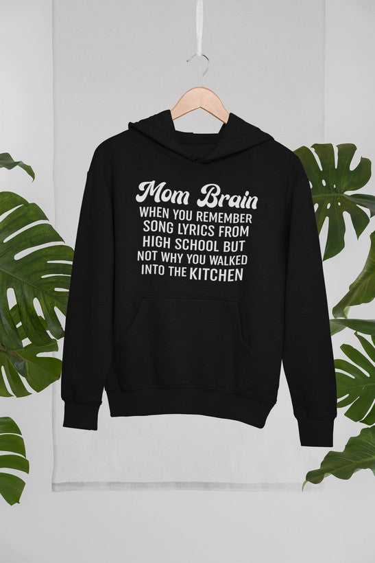 Mom Brain Hoodie featuring unique artistic designs, adjustable hood, and cozy fleece lining.