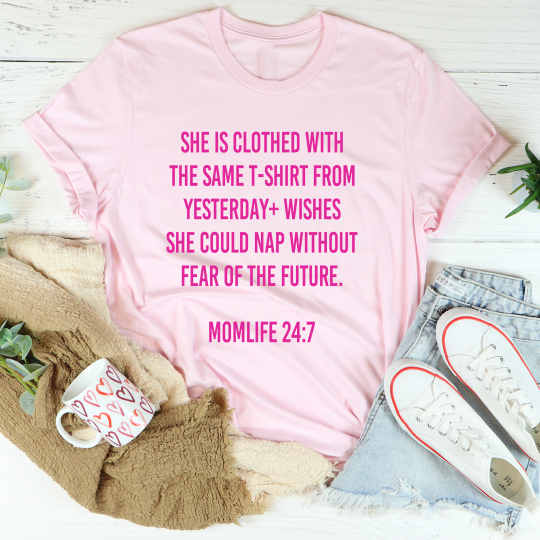 Mom Life 24/7 T-Shirt in soft cotton, featuring double stitching and a stylish design, perfect for everyday wear.