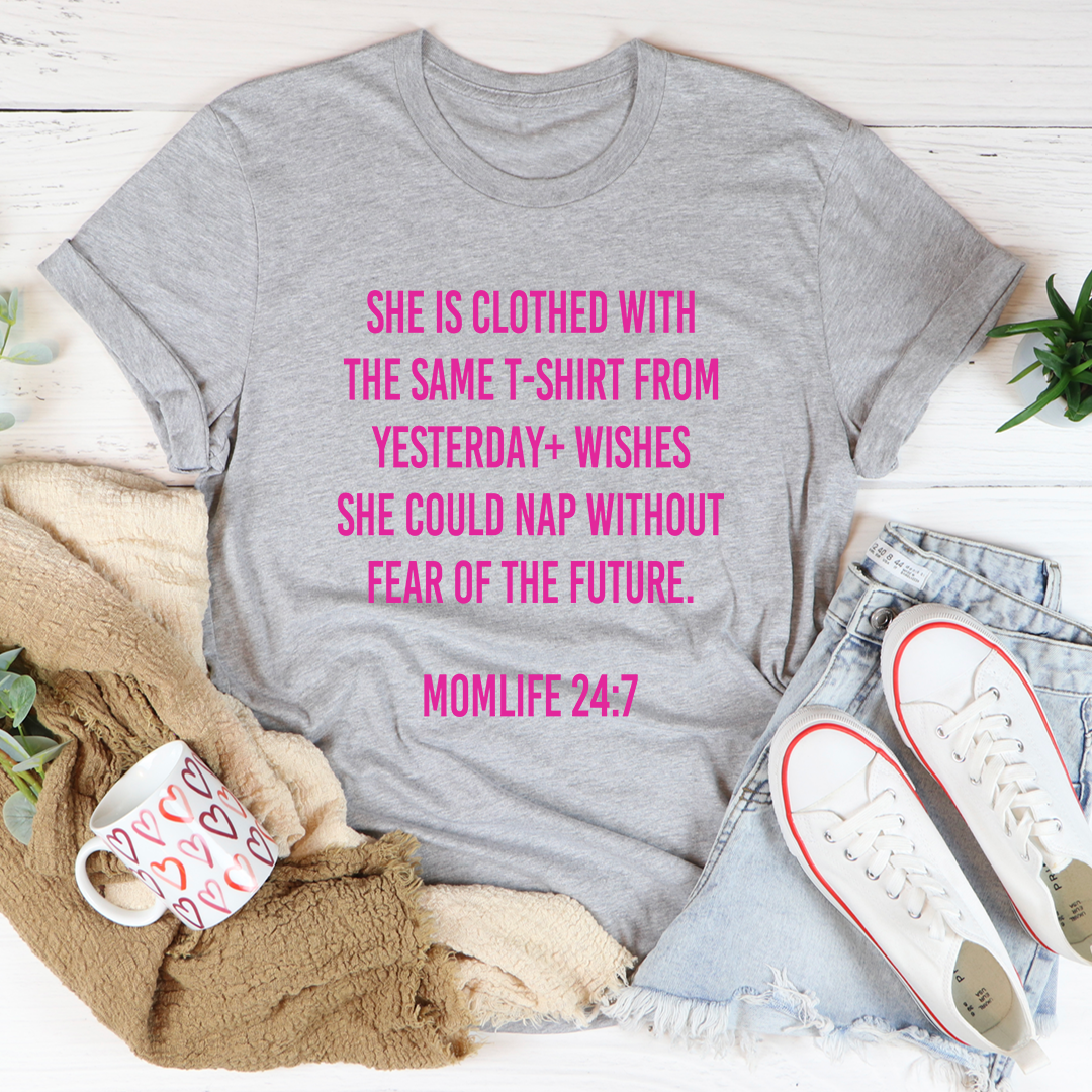 Mom Life 24/7 T-Shirt in soft cotton, featuring double stitching and a stylish design, perfect for everyday wear.