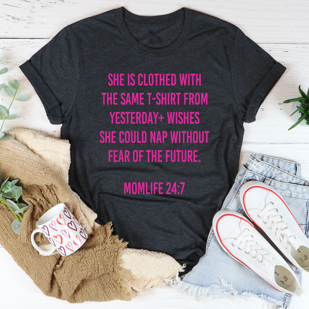 Mom Life 24/7 T-Shirt in soft cotton, featuring double stitching and a stylish design, perfect for everyday wear.