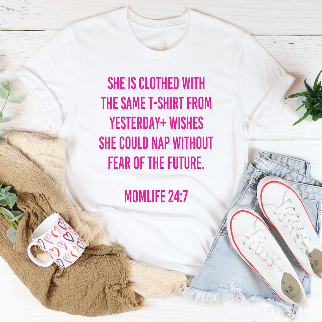 Mom Life 24/7 T-Shirt in soft cotton, featuring double stitching and a stylish design, perfect for everyday wear.