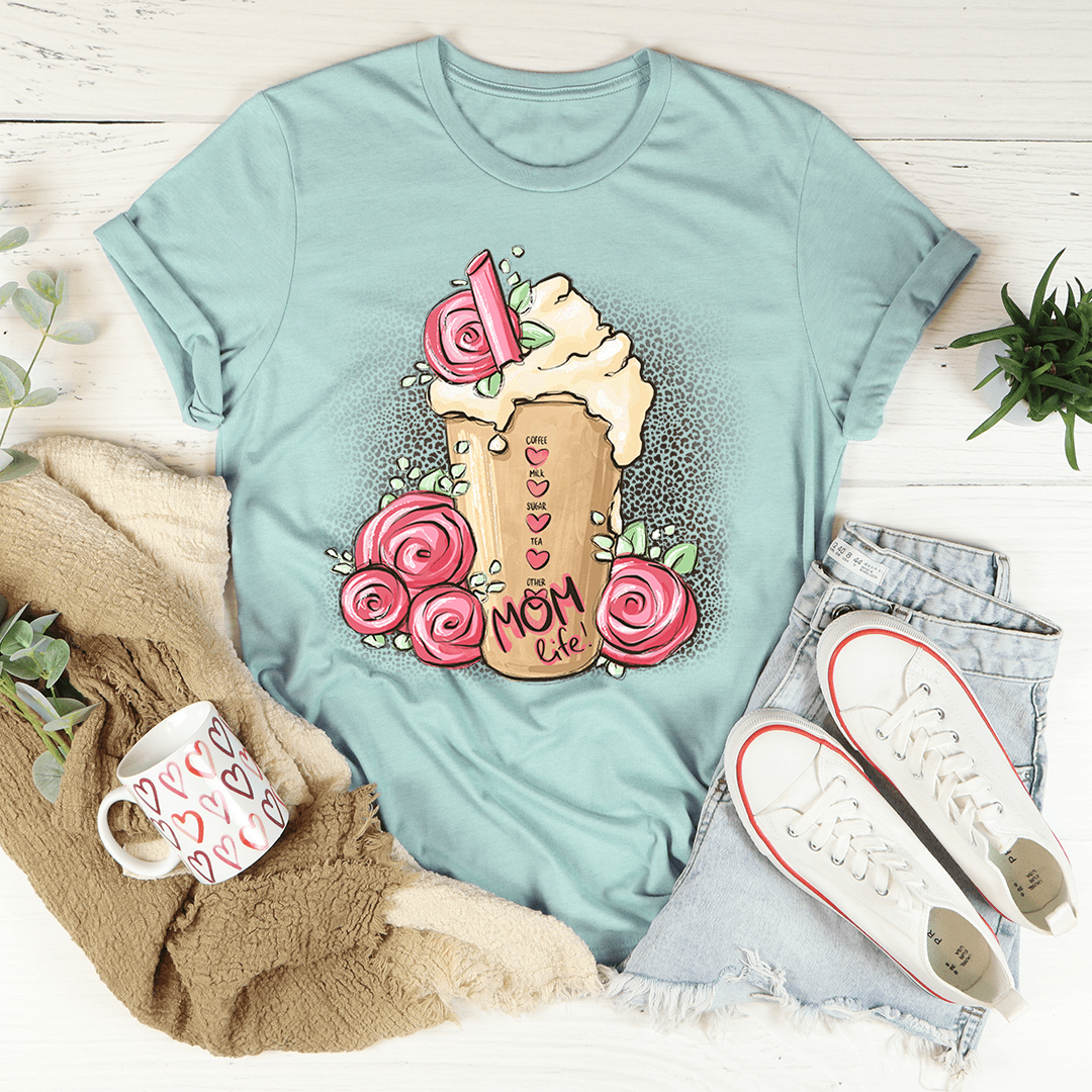 Mom Life Iced Latte T-Shirt featuring a playful iced latte graphic, made from soft ring-spun cotton with durable stitching.