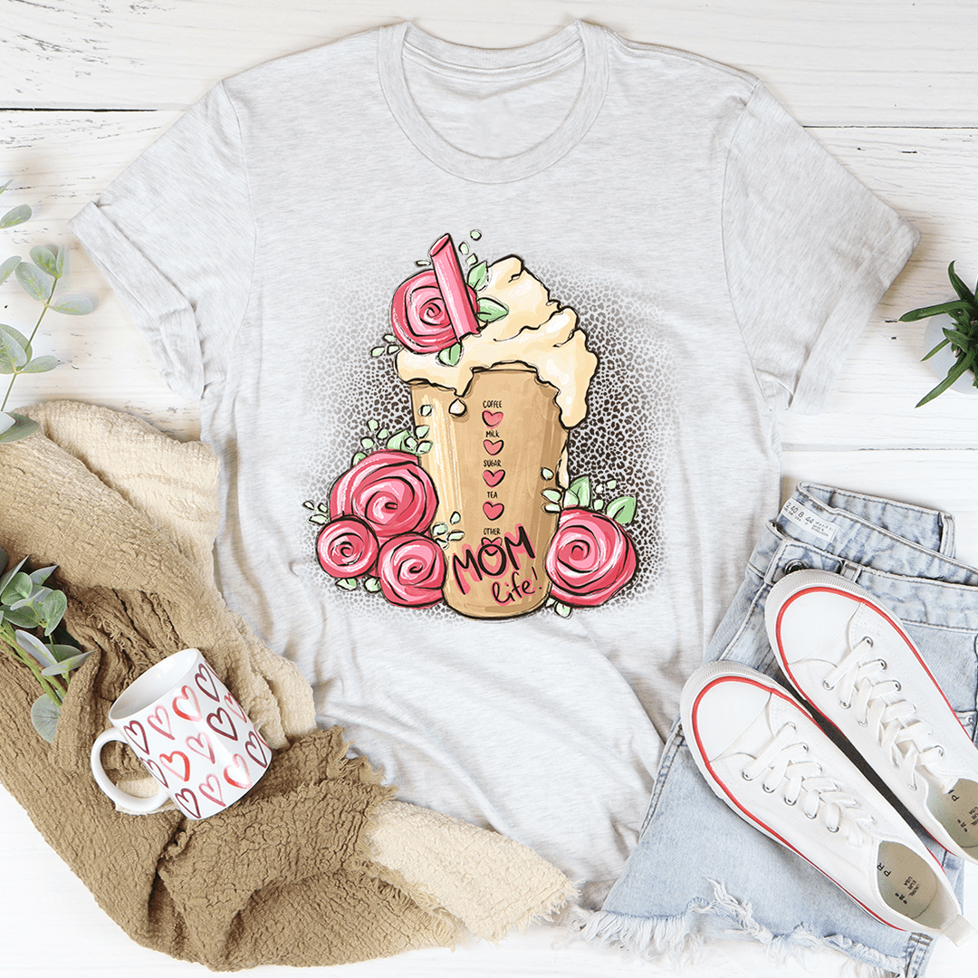 Mom Life Iced Latte T-Shirt featuring a playful iced latte graphic, made from soft ring-spun cotton with durable stitching.