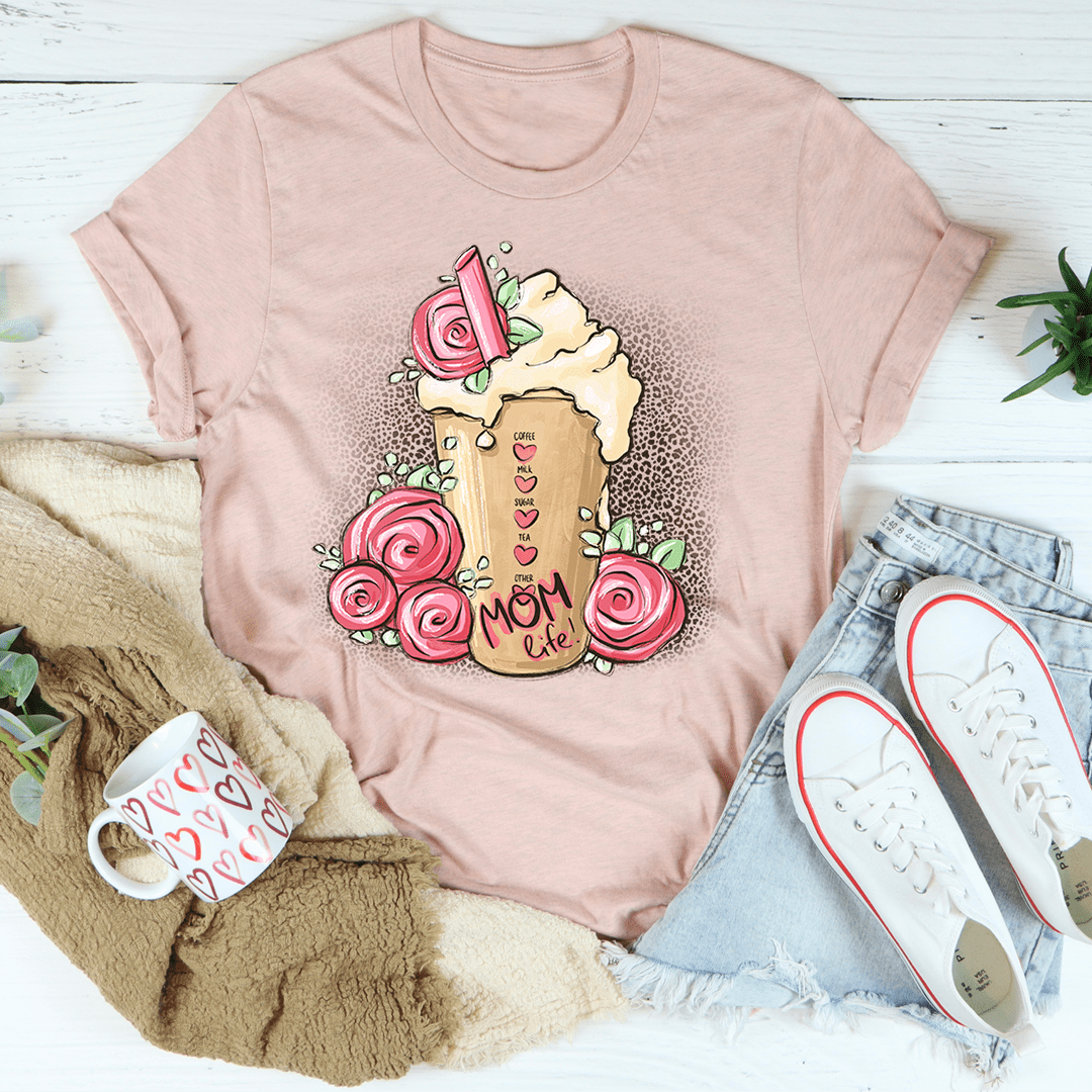 Mom Life Iced Latte T-Shirt featuring a playful iced latte graphic, made from soft ring-spun cotton with durable stitching.