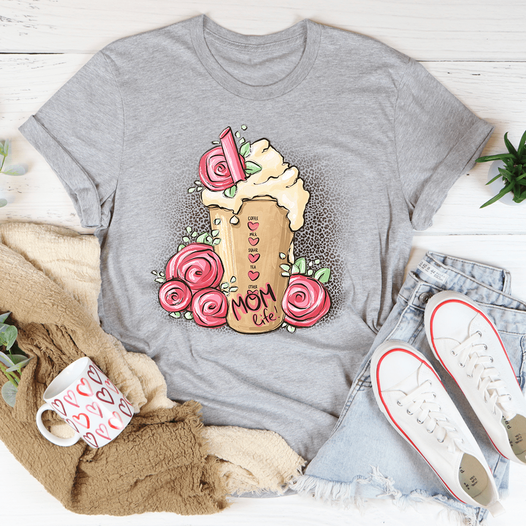 Mom Life Iced Latte T-Shirt featuring a playful iced latte graphic, made from soft ring-spun cotton with durable stitching.